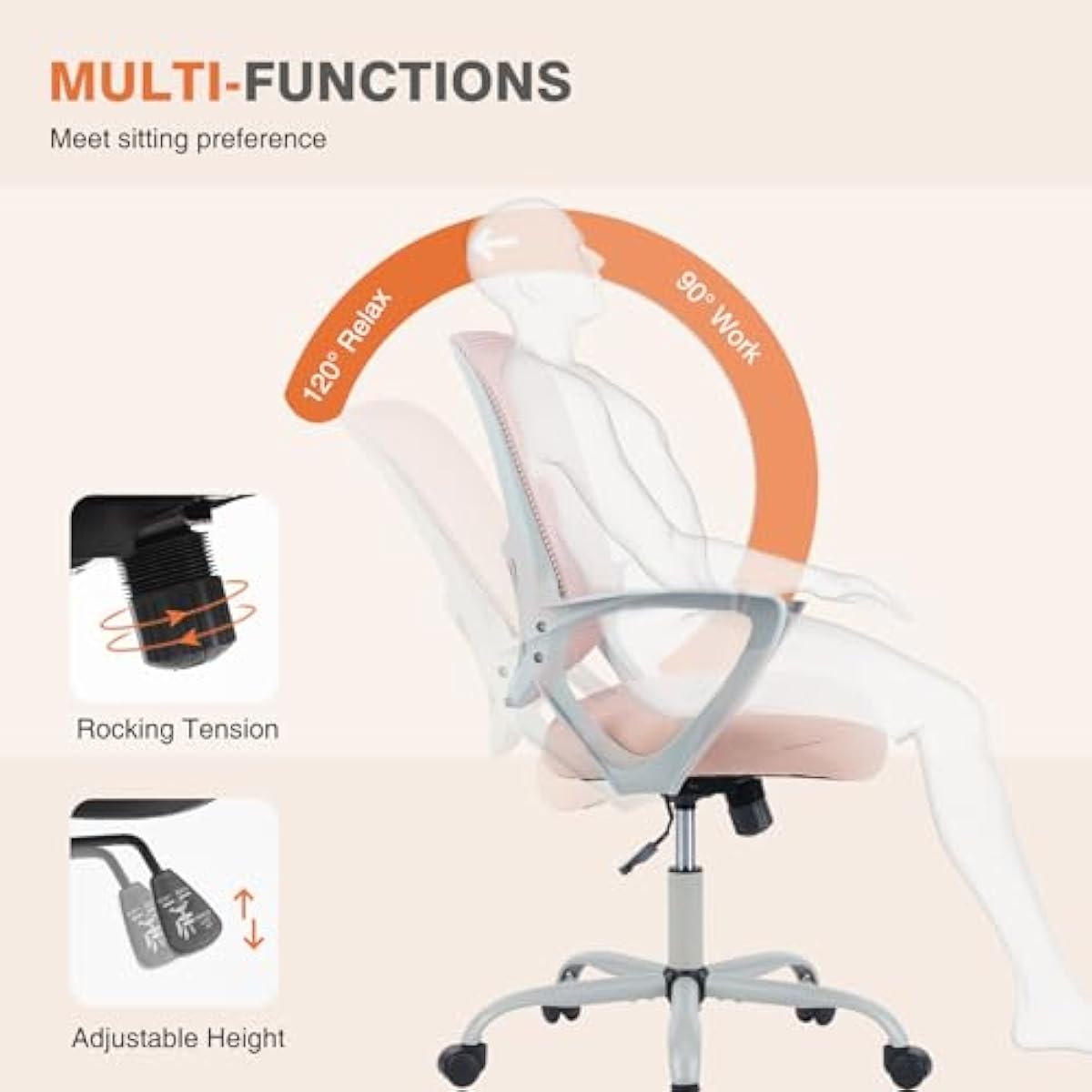 Sweetcrispy Ergonomic Mid-Back Mesh Home Office Desk Chair with Wheels, Lumbar Support, and Comfortable Armrests for Home, Bedroom, Study, Office