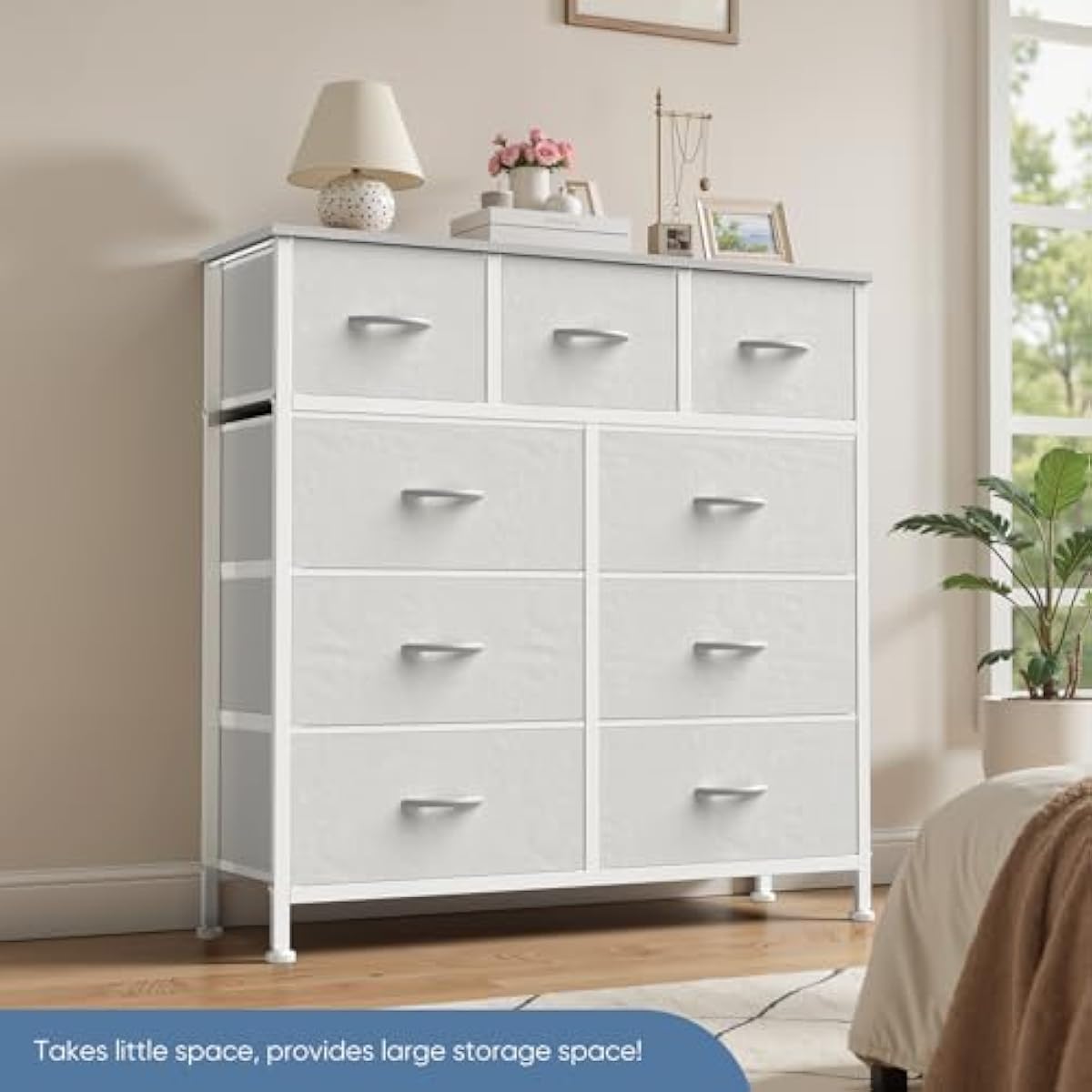 DUMOS Dresser for Bedroom, Storage Organizer with 9 Drawers, Chest of Drawers with Fabric Bins, Sturdy Metal Frame, Wood Tabletop for Guest Room, Closet, Entryway, White