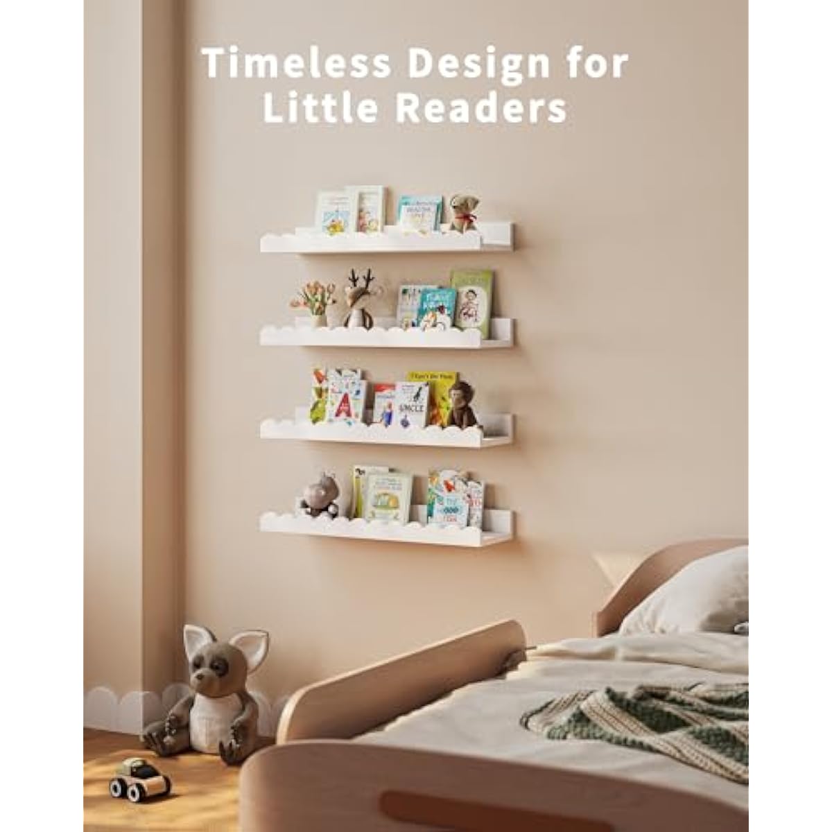 Shario Nursery Book Shelves, 4-Pack White Floating Shelves for Wall Kids, Scalloped Shelves, Wall Book Shelves for Bedroom Kids, Toddler Room, Baby Room, Nursery Decor