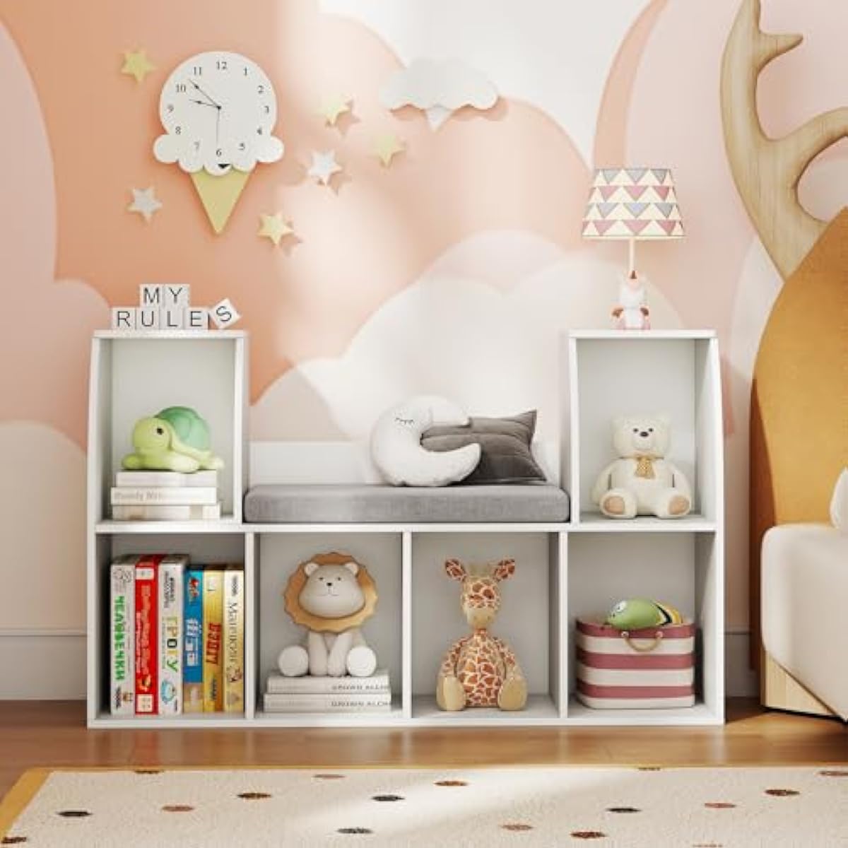 Costzon Kids Bookshelf with Reading Nook, 6 Cubby Bookcase with Soft Seat Cushion, Wooden Toy Storage Organizer with Bench, Book Shelf for Kids Room, Playroom, Nursery, Daycare