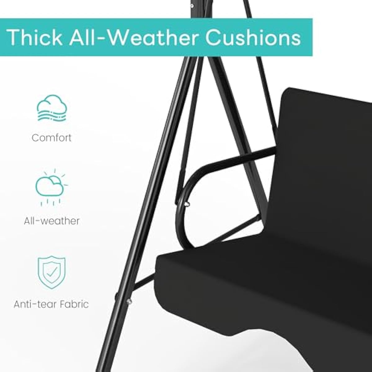 Murago Outdoor Patio Swing Chair with Adjustable Canopy, Outdoor Patio Glider Swing with Heavy Duty Stand for 3 Adult Persons, Ideal for Deck, Lawn, Backyard, or Porch, Black