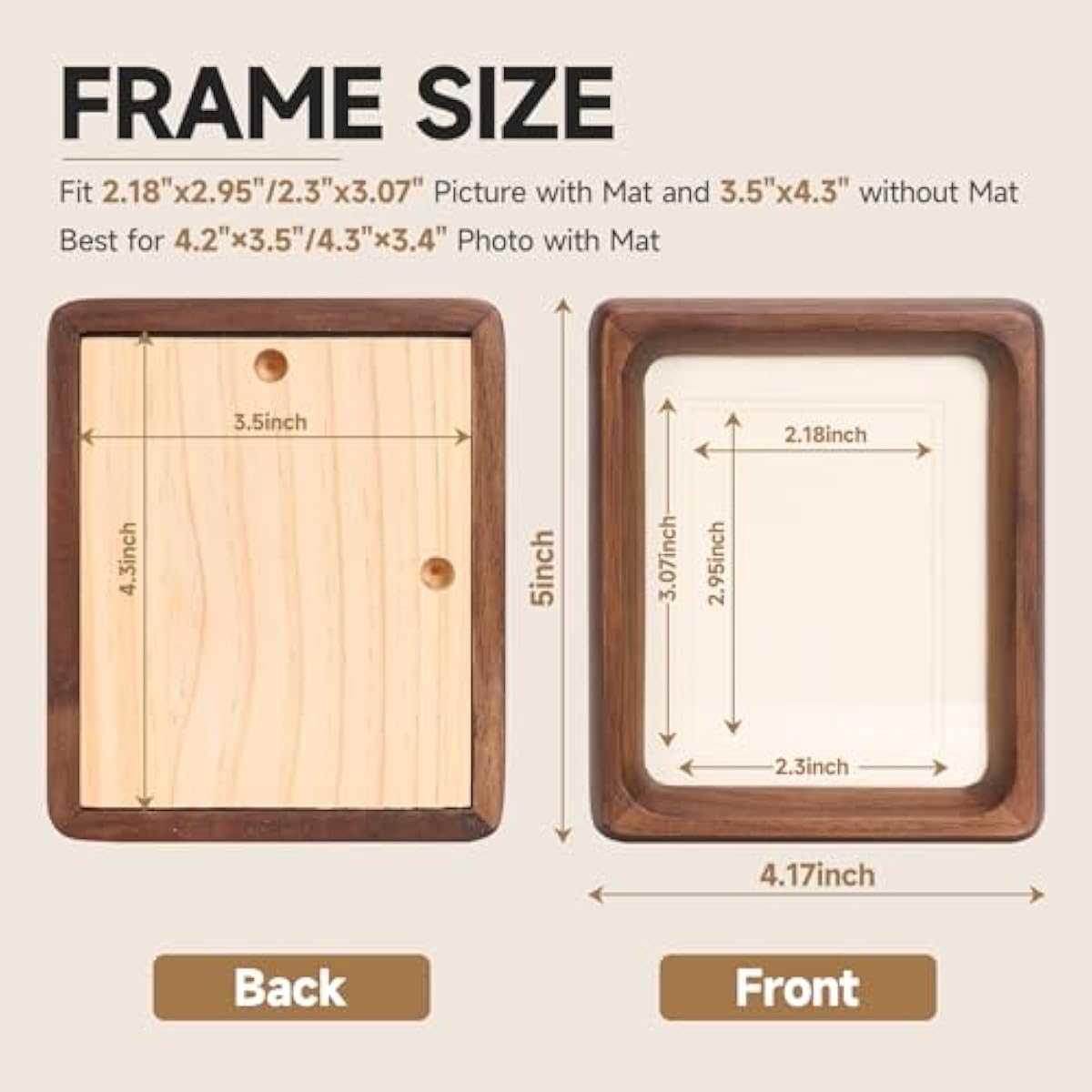 Solid Walnut Picture Frame for Instax Wide & Square Photos, Small Solid Wood Photo Frame with Joinery Corners, Tabletop Display (Walnut, For 4.2x3.5/4.3x3.4 Photo)