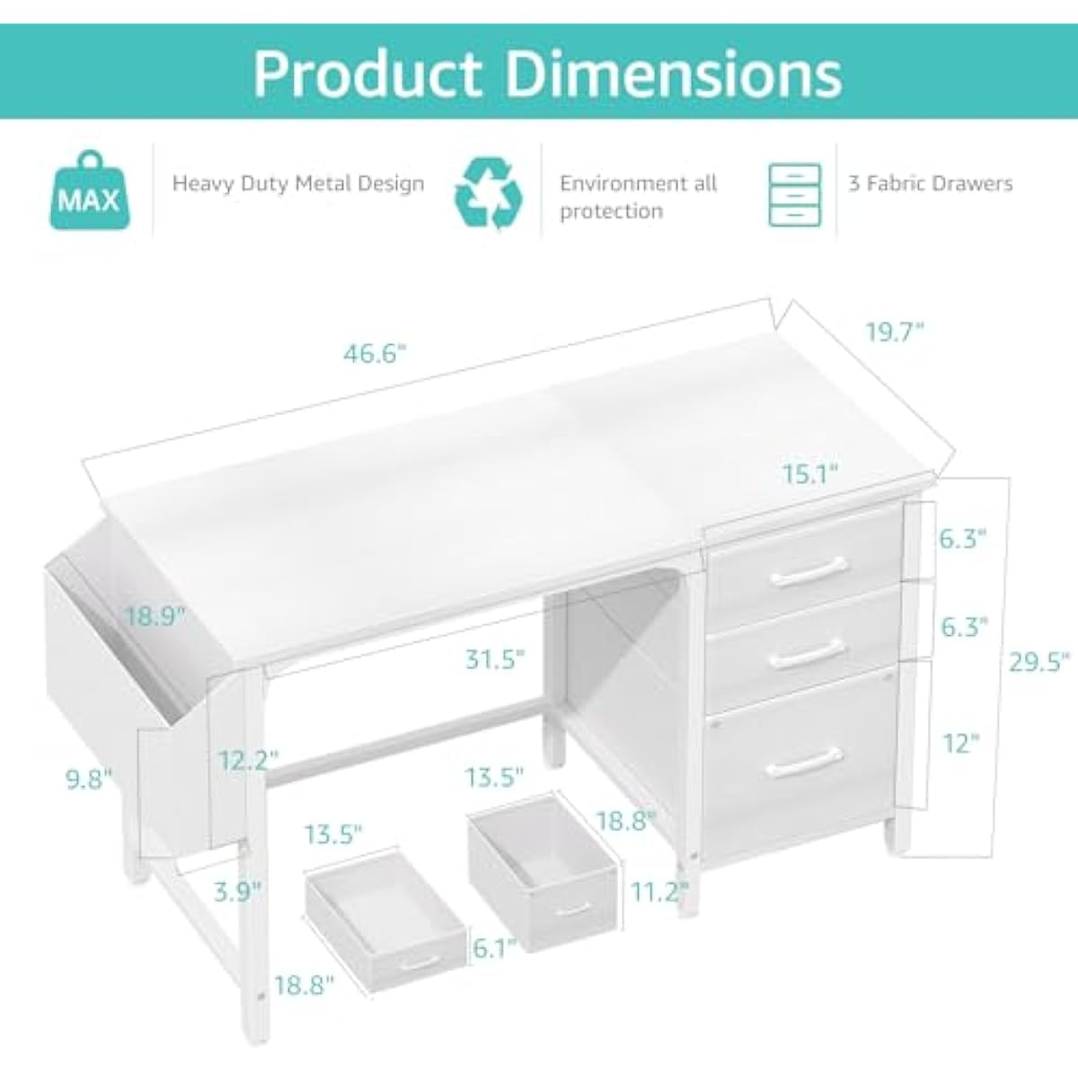 Lufeiya White Desk with File Drawers Cabinet, 47 Inch Reversible Computer Desk with Fabric Filing Cabinet for Bedroom Small Space Home Office, Modern Writing Table PC Desks, White