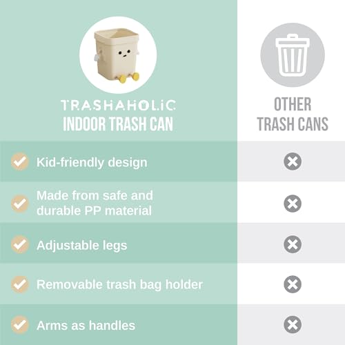 4.2-Gallon Cute Kids Trash Can - Durable Waste Basket Perfect for Kids Rooms, Classrooms, Pediatric Clinics - Beige Square-Shaped Trash Bin w/Arms & Legs - Comes with Removable Trash Bag Holder