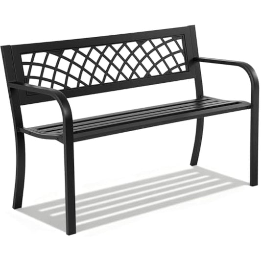 Garden Bench,Outdoor Benches,Iron Steel Frame Patio Bench with Mesh Pattern and Plastic Backrest Armrests for Lawn Yard Porch Work Entryway,Black