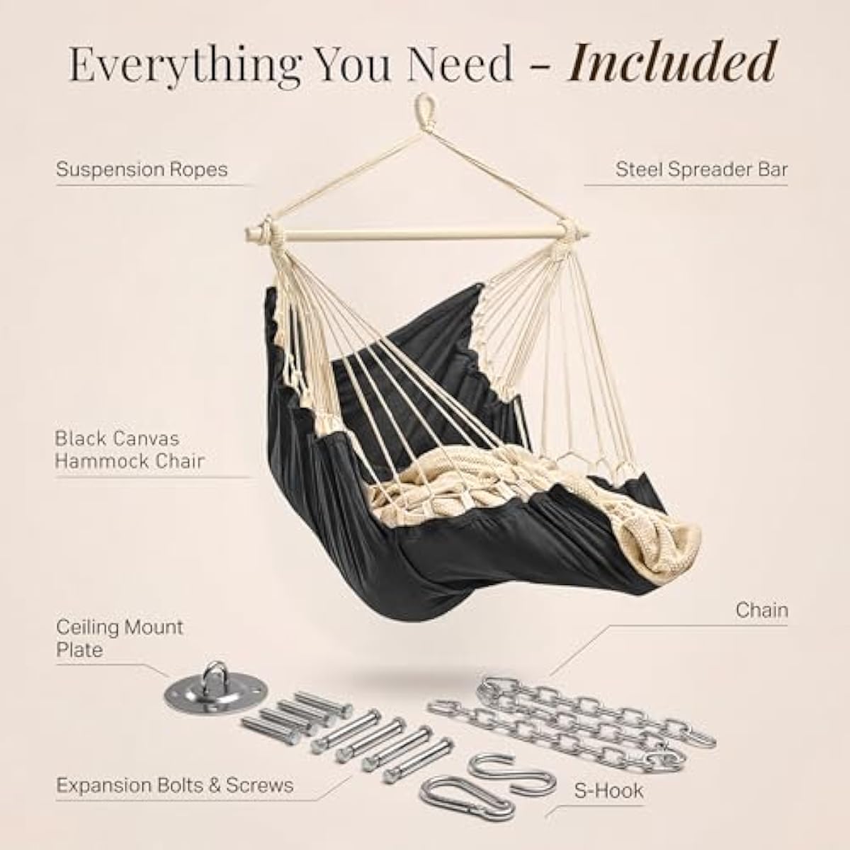 Hanging Hammock Chair Swing – Hanging Chair Outdoor & Indoor - Hammock Swing Chair – Quick & Easy Setup with Hardware Kit – Durable & Spacious Full Body Support – Holds 440 Lbs
