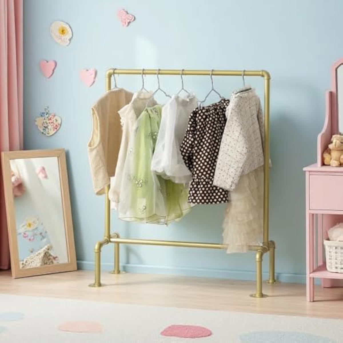 Kids Pipes Dress up Racks, Kids Clothing Racks, Child Garment Racks, Hanging Clothes Rod Storage Shelf Organizers Shelves Shelving, Gold Metal