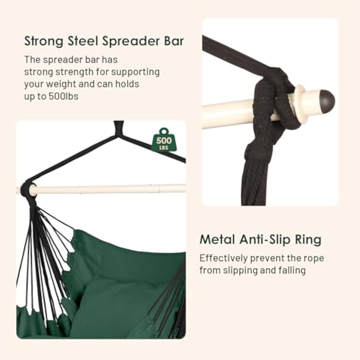 Highwild Hammock Chair Hanging Rope Swing - Max 500 Lbs - 2 Cushions Included - Steel Spreader Bar with Anti-Slip Rings - for Any Indoor or Outdoor Spaces (D- Cushions Included-Green)