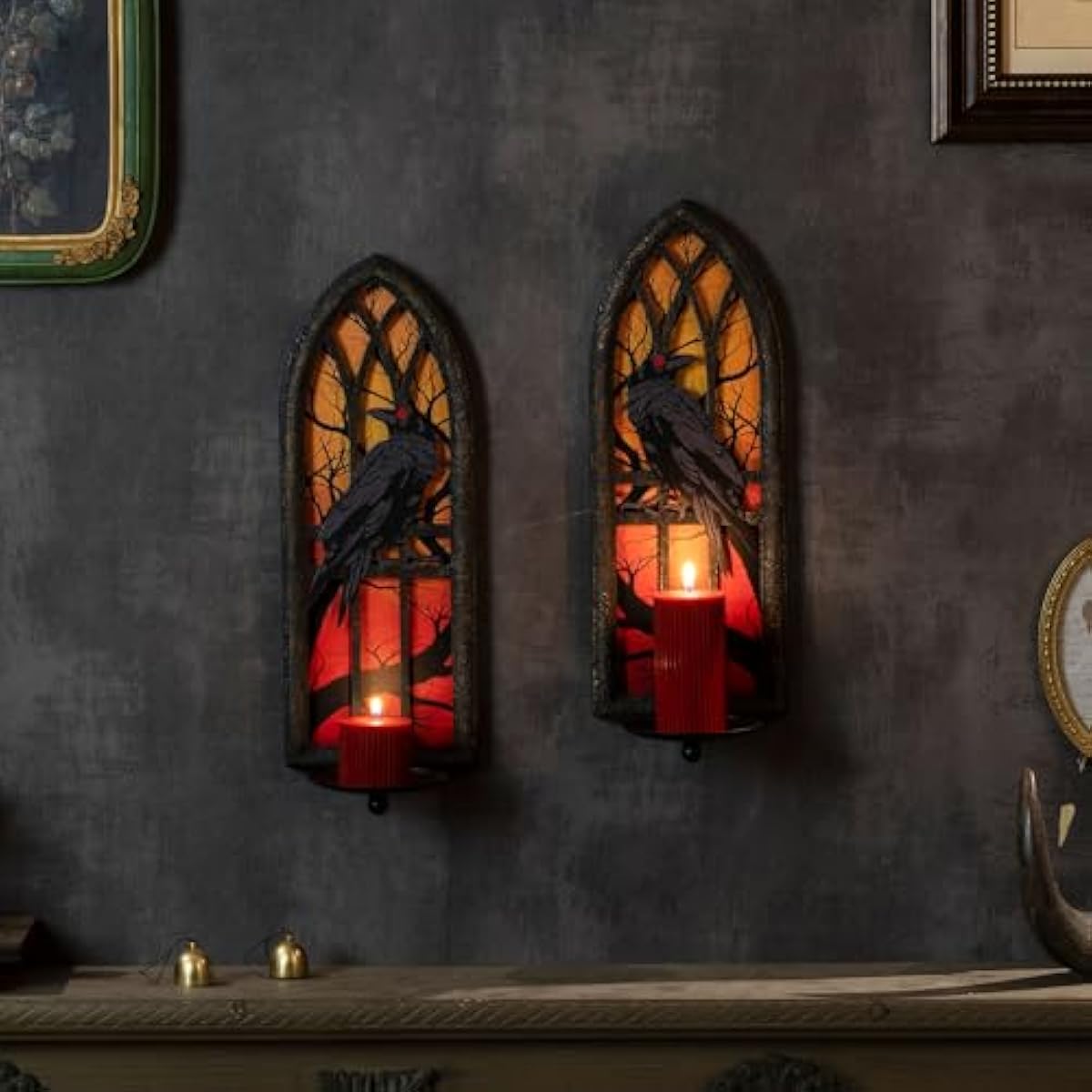Gothic Wall Candle Sconces Set of 2, Wrought Iron Crow Wall Mounted Candelabra Holder with Removable Trays for Taper & Pillar Candles, Medieval Cathedral Window Design, Dark Academia Decor