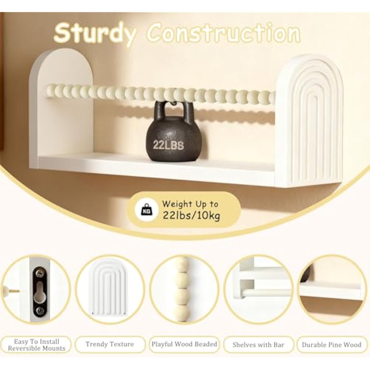 OurWarm Nursery Book Shelves for Wall Set of 3, White Natural Wood Nursery Floating Shelves with Towel Bar, Wall Mounted Floating Bookshelves for Baby Room Kids Room Living Room Storage and Decor