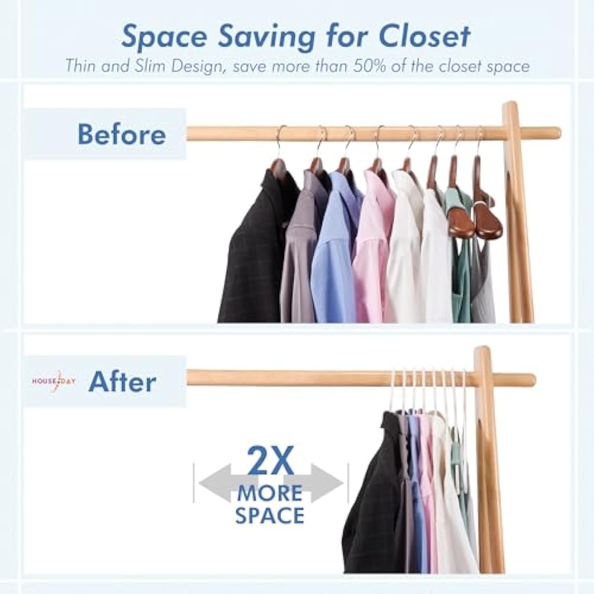 HOUSE DAY White Plastic Hangers 50 Pack, Plastic Clothes Hangers with Built-in Hooks, Durable and Strong Plastic Coat Hangers for Closet, Space Saving Clothing Hanger for Shirts, Coats, Skirt, Dress