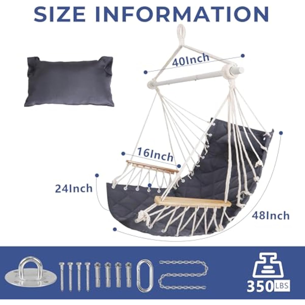 Hammock Chair Hanging Swing with Wooden Armrest;Steel Spreader Bar,Pillows,Hardware kit Included;Cotton Woven Fabric;Up to 350 Lbs,for Indoor or Outdoor