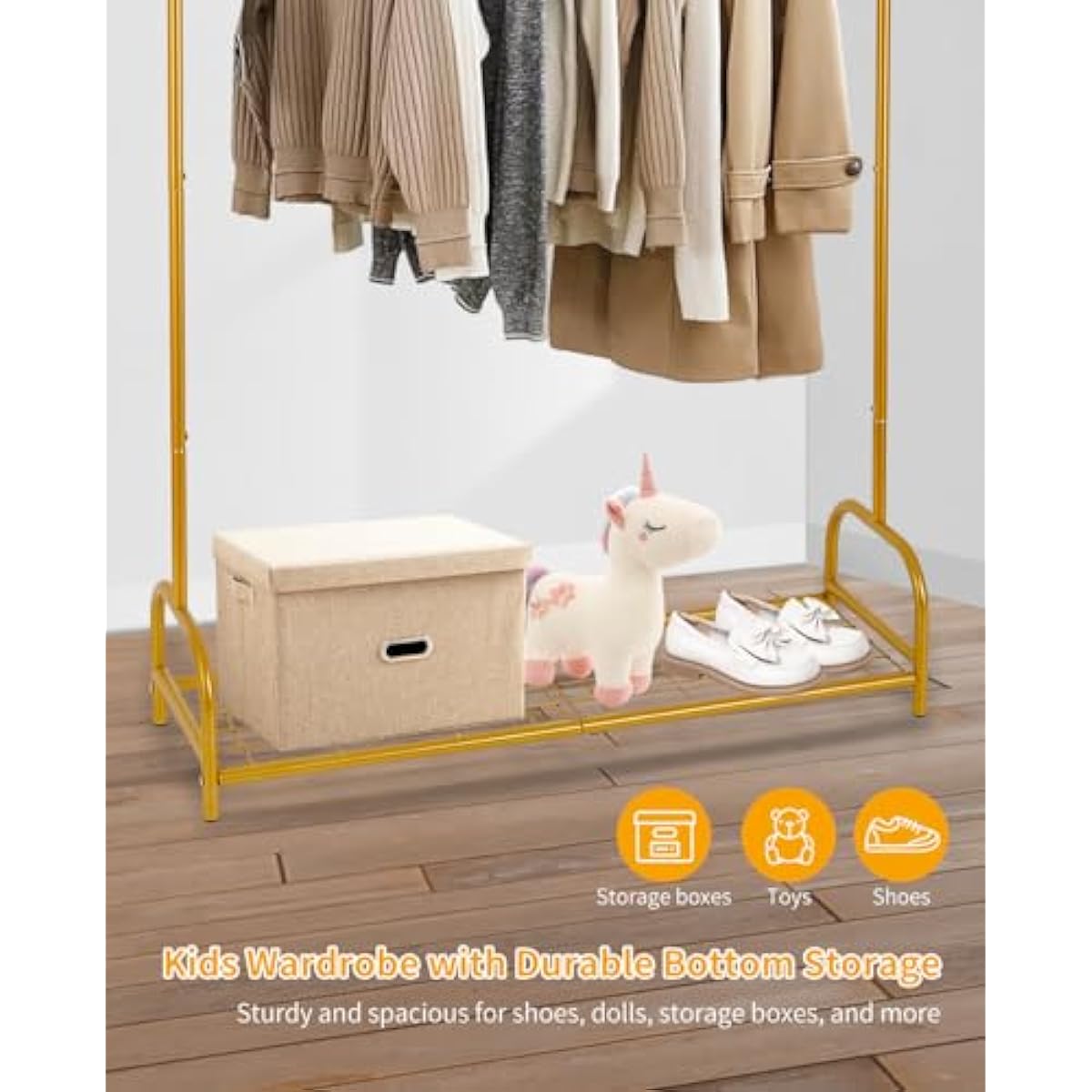 AUPSEN Kids Clothing Rack with Bottom Storage Shelf, Metal Toddler Dress Up Rack for Little Girls, Kids Dress Up Clothes Storage for Coats, Skirts, Dance Costume（Gold）