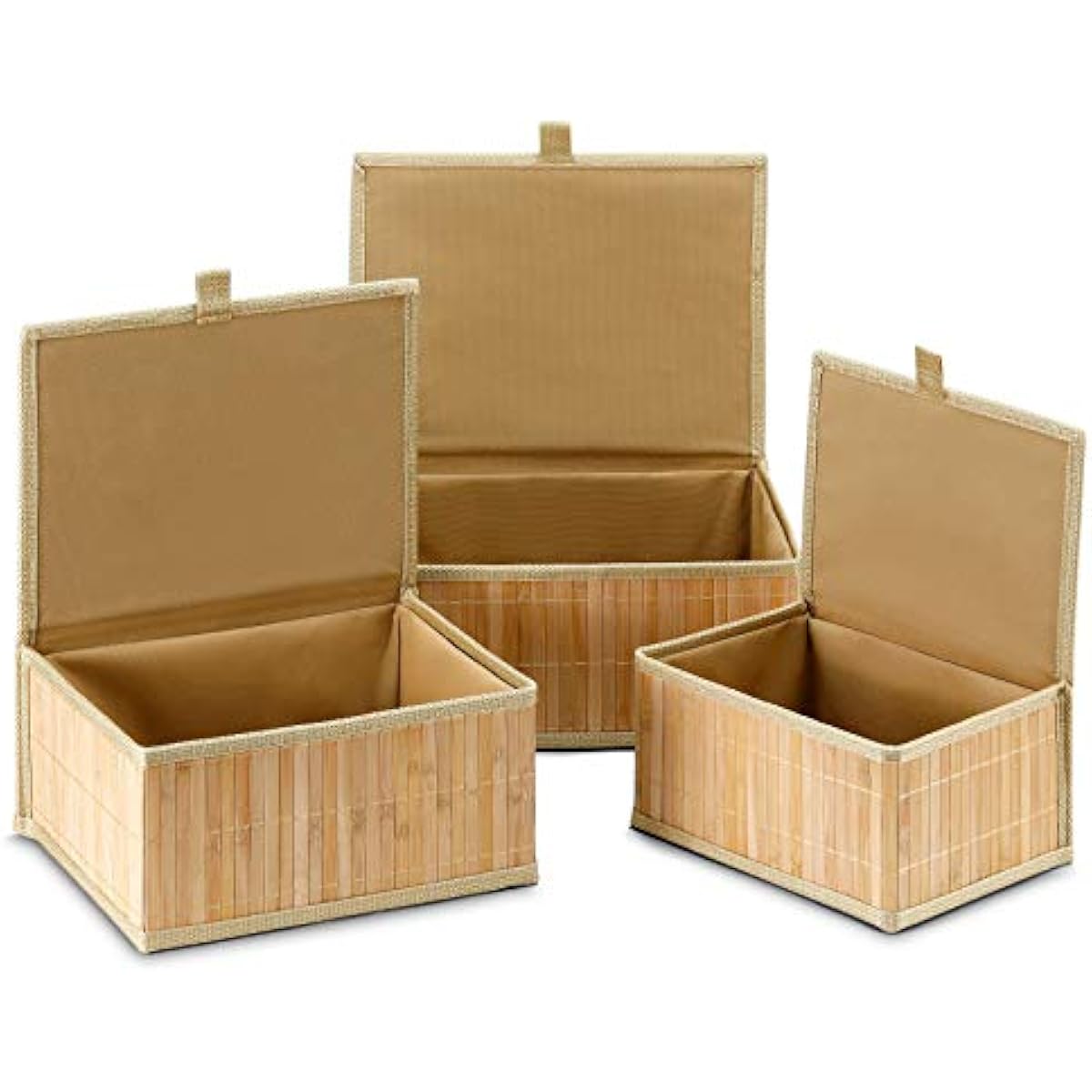 Honygebia Bamboo Decorative Storage Boxes - Set of 3 Woven Lined Storage Basket with Lids, Beige Wicker Lidded Baskets for Home Kitchen Shelf Organizer Decor