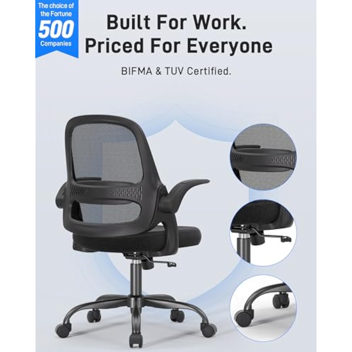 Ergonomic Mesh Office Chair for Home Office, Flip-Up Arms, Breathable Mesh Back & Thick Seat Cushion, Swivel Rolling Computer Desk Chair, BIFMA Certified, Supports 300 lbs (Black Frame/Black Seat)