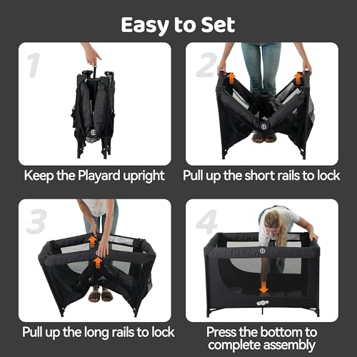 Pamo Babe Compact Pack and Play - Portable Crib for Baby, Lightweight Foldable Travel Playard with Mattress Pad & Carry Bag, Safe Breathable Travel Bed for Home, Trips & Family Visits, Black