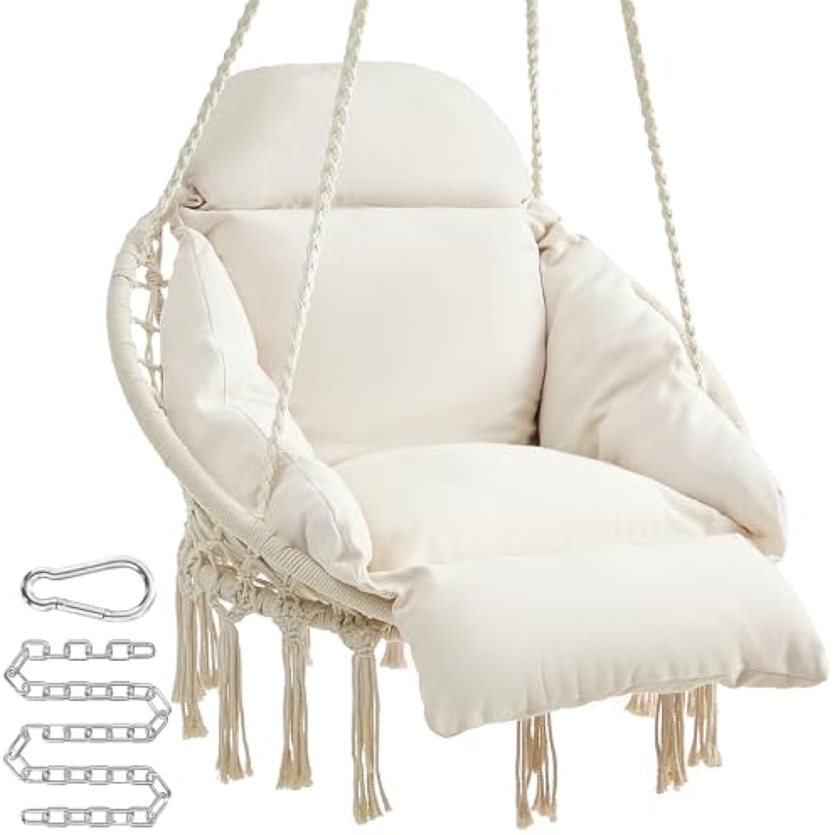 SONGMICS Hanging Chair, Hammock Chair with Large, Thick Cushion, Boho Swing Chair for Bedroom, Patio, Balcony, Garden, Holds up to 264 lb, Accessories Included, Cream White UGDC042M01