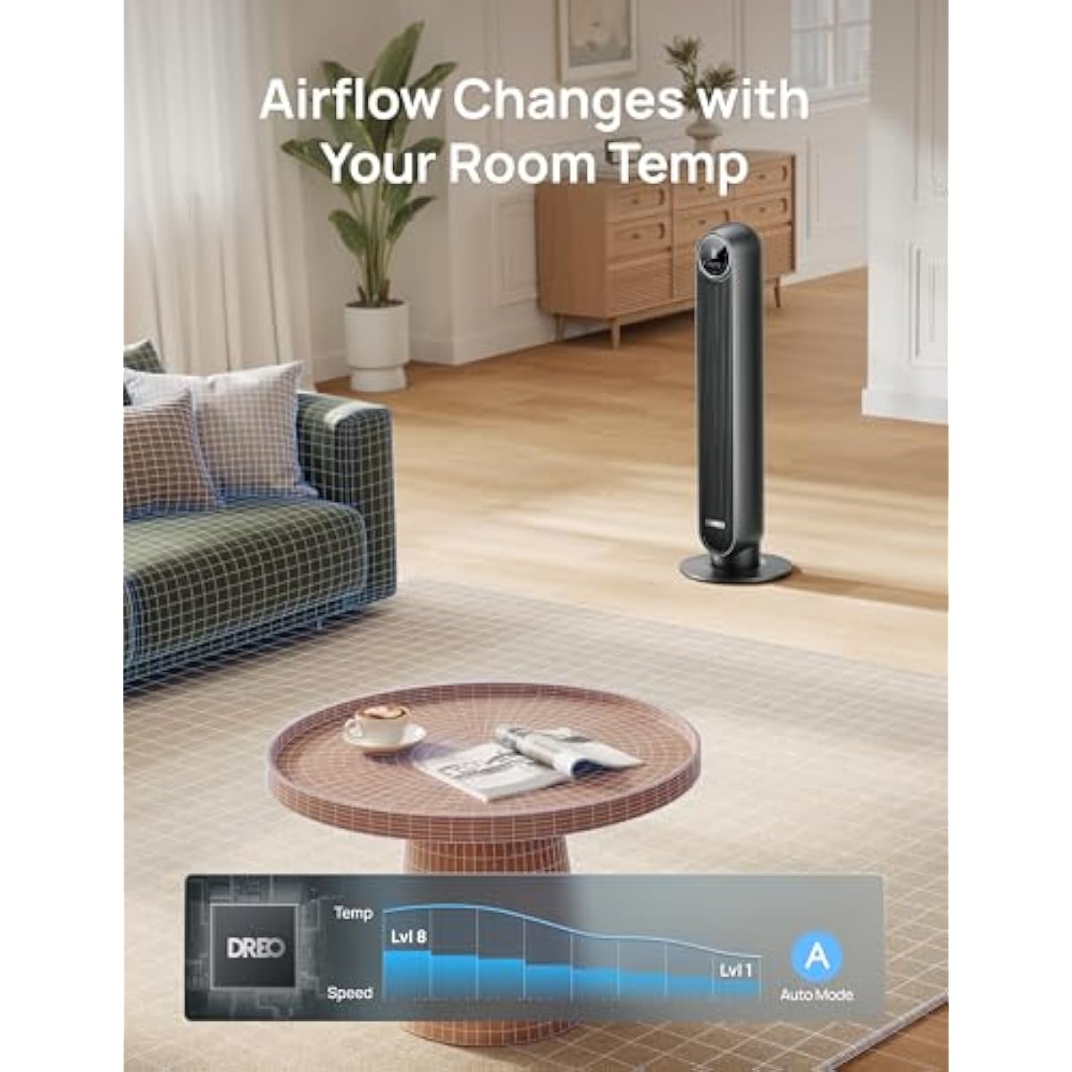 DREO Tower Fan for Bedroom, 2026 Upgraded DC Motor, 28ft/s High Velocity, 20dB Ultra Quiet Standing Fan, 8 Speeds 4 Modes, 90° Oscillating Bladeless Fan for Indoors, Floor Fans with Remote, Black