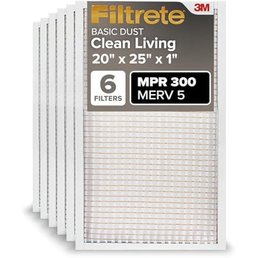 Filtrete 20x25x1 Air Filter MERV 5, 6-Pack AC Furnace Filters for Home HVAC, MPR 300 Basic Dust Defense, Removes Lint & Household Dust, 3-Month Pleated Electrostatic (Actual Size 19.69x24.69x0.81 in)