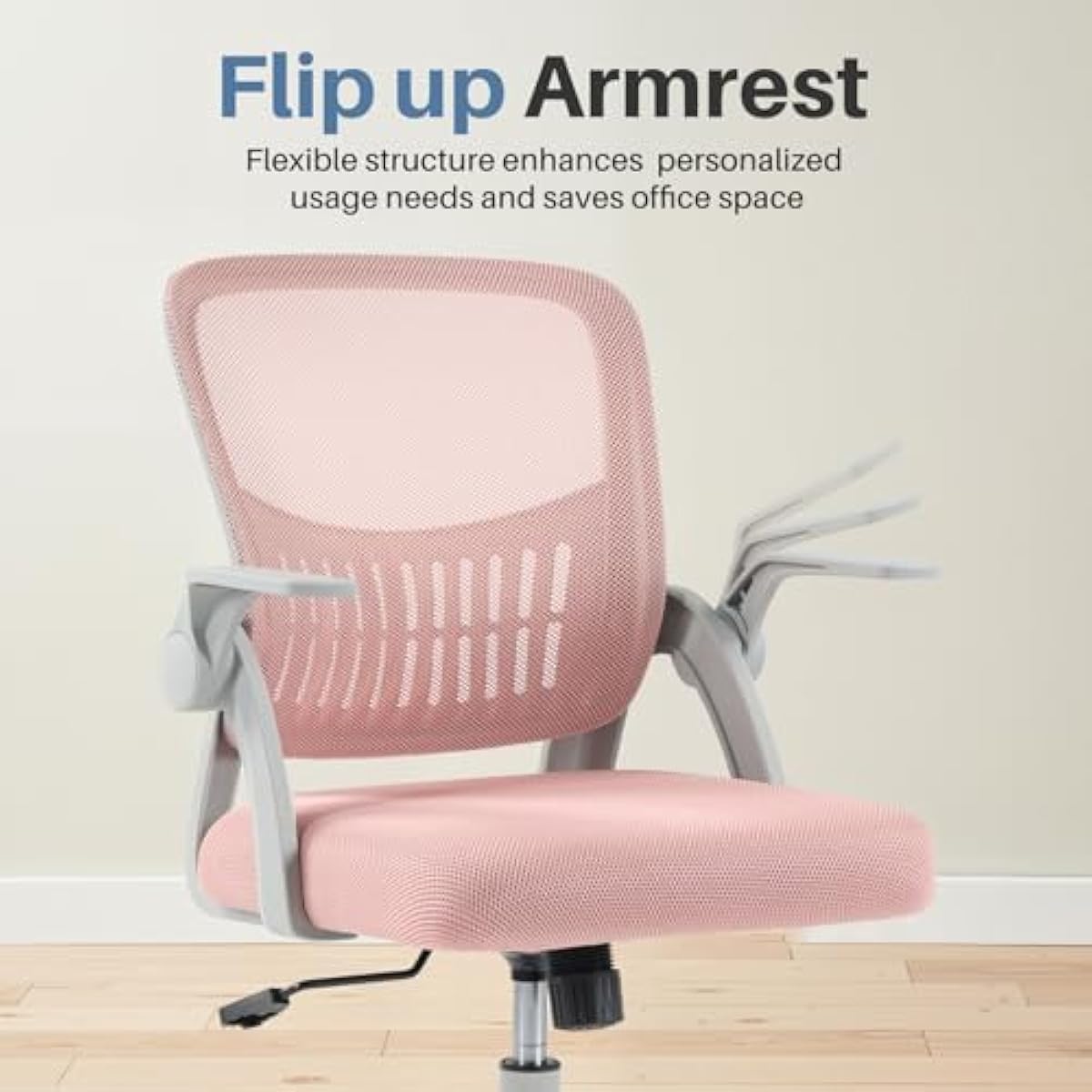 DUMOS Home Office Computer Chair - Ergonomic Mid Back Desk with Lumbar Support and Rocking Mode, Height Adjustable with Flip-up Armrest, for Conference Meeting Room, 360° Swivel, Adults, Pink