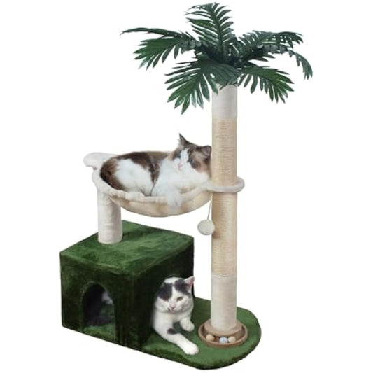 Cat Tree 38" Cat Tower with Large Hammock Metal, Cat Scratching Post for Indoor Cats with Condo, Cat Playground Track Balls and Bouncy Ball, Green and White