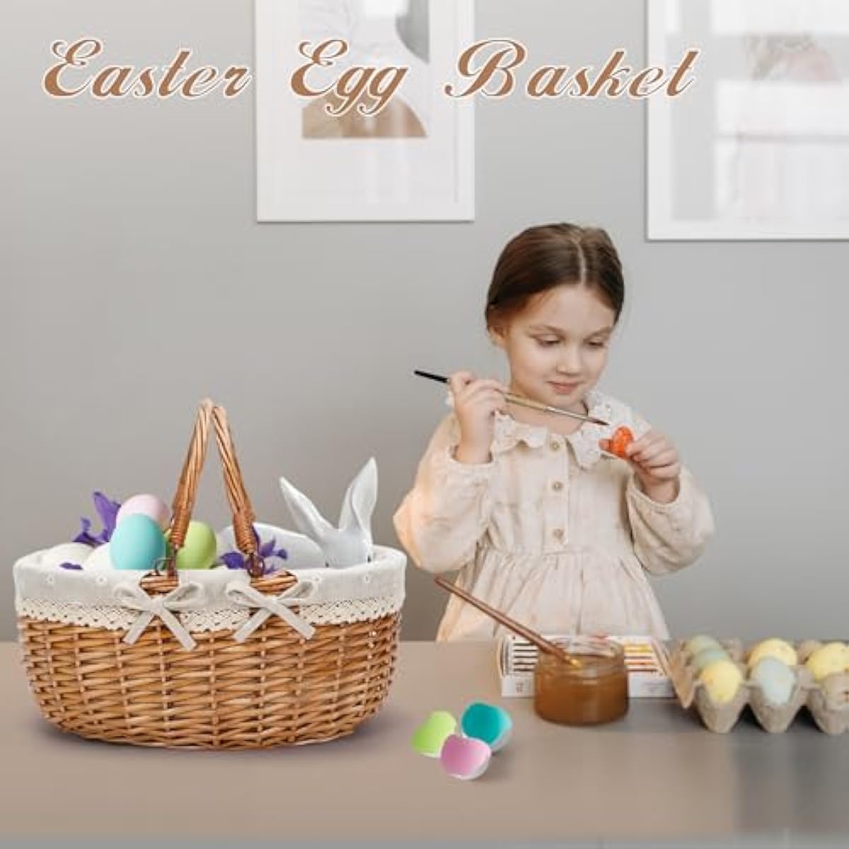 G GOOD GAIN Wicker Picnic Basket with Double Folding Handles,Willow Picnic Hamper,Natural Hand Woven Easter Basket,Easter Eggs and Candy Basket,Bath Storage,Gift Packing Basket.White