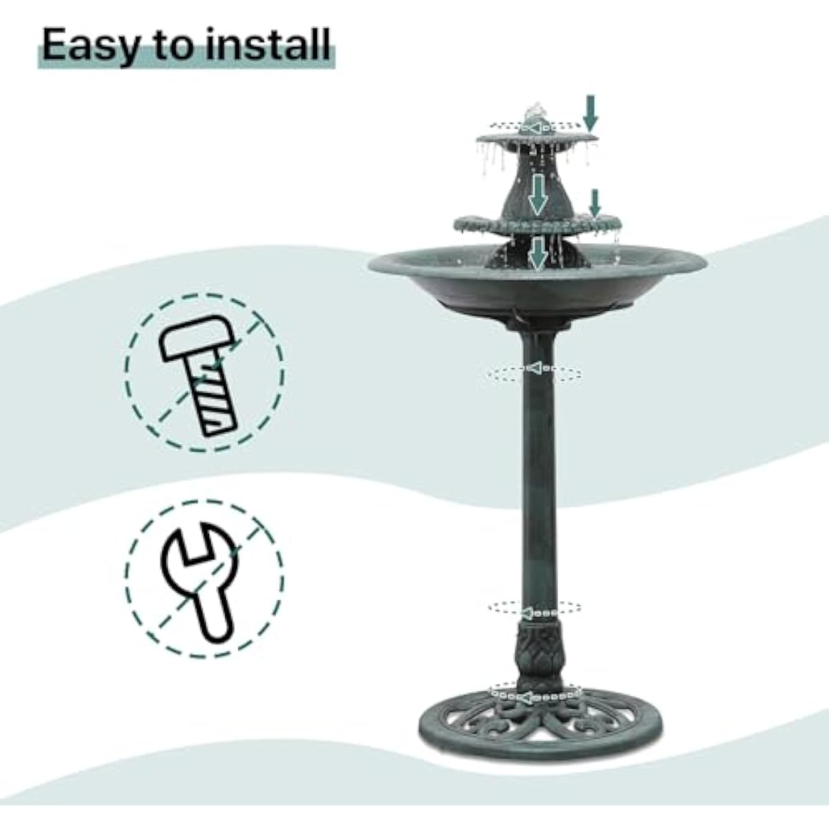 Athena Collection 37'' Height Bird Bath Vintage Pedestal Birdbath Electric Water Fountain with Recirculating Pump Polypropylene Floral Accents 3 Tier Birdbath for Outside, Patio, Garden, Green