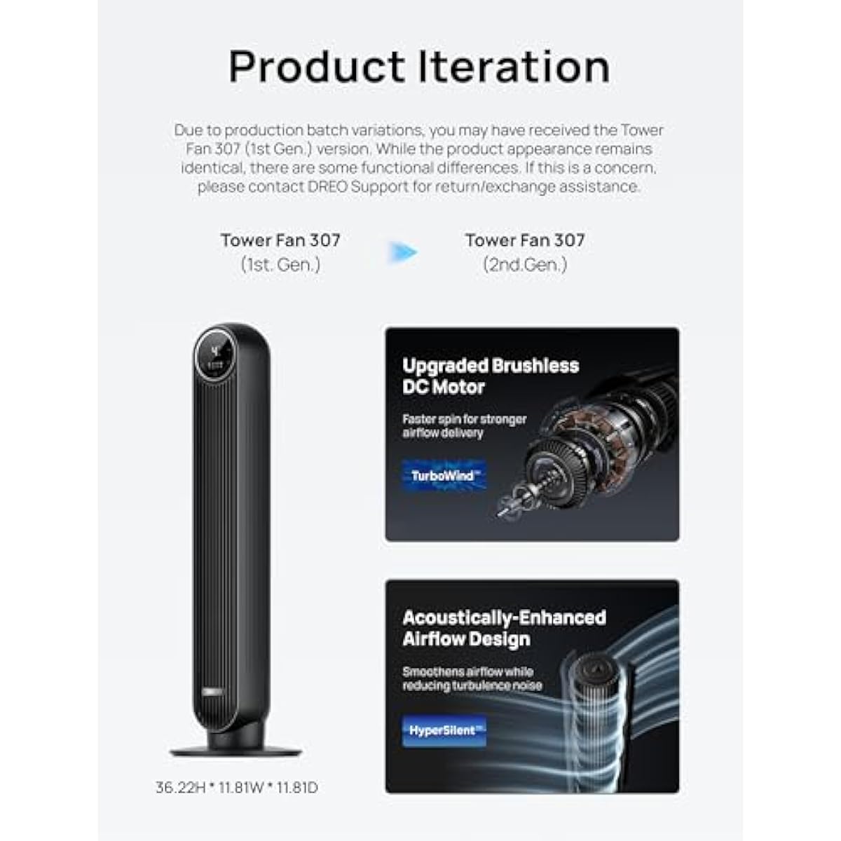 DREO Tower Fan for Bedroom, 2026 Upgraded DC Motor, 28ft/s High Velocity, 20dB Ultra Quiet Standing Fan, 8 Speeds 4 Modes, 90° Oscillating Bladeless Fan for Indoors, Floor Fans with Remote, Black