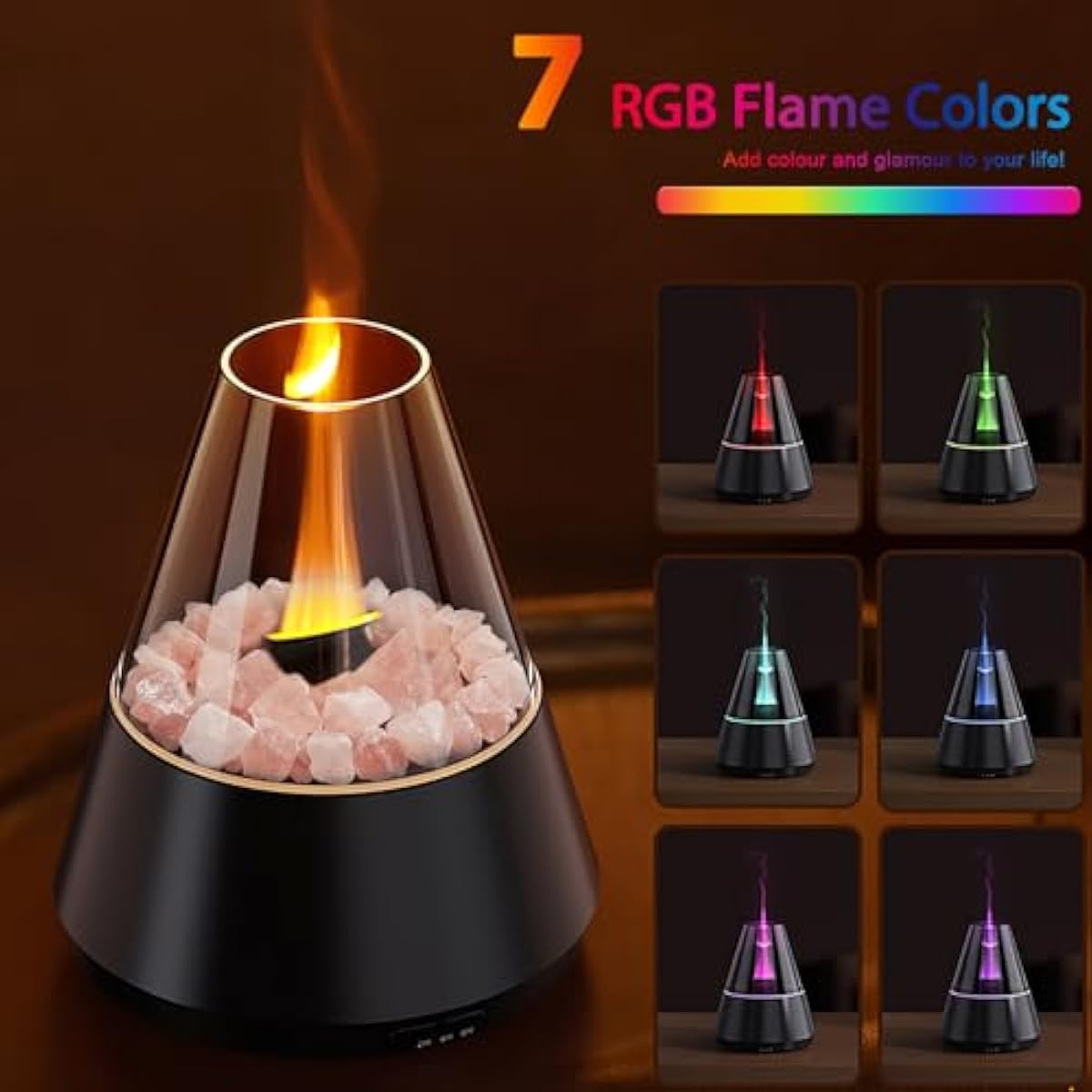 Flame Essential Oil Diffuser, Aromatherapy Diffuser with 7 Colors Firelight, Ultrasonic Cool Mist Mini Flame Humidifier Diffuser with Waterless Auto-Off & Timer for Home Office (Black)