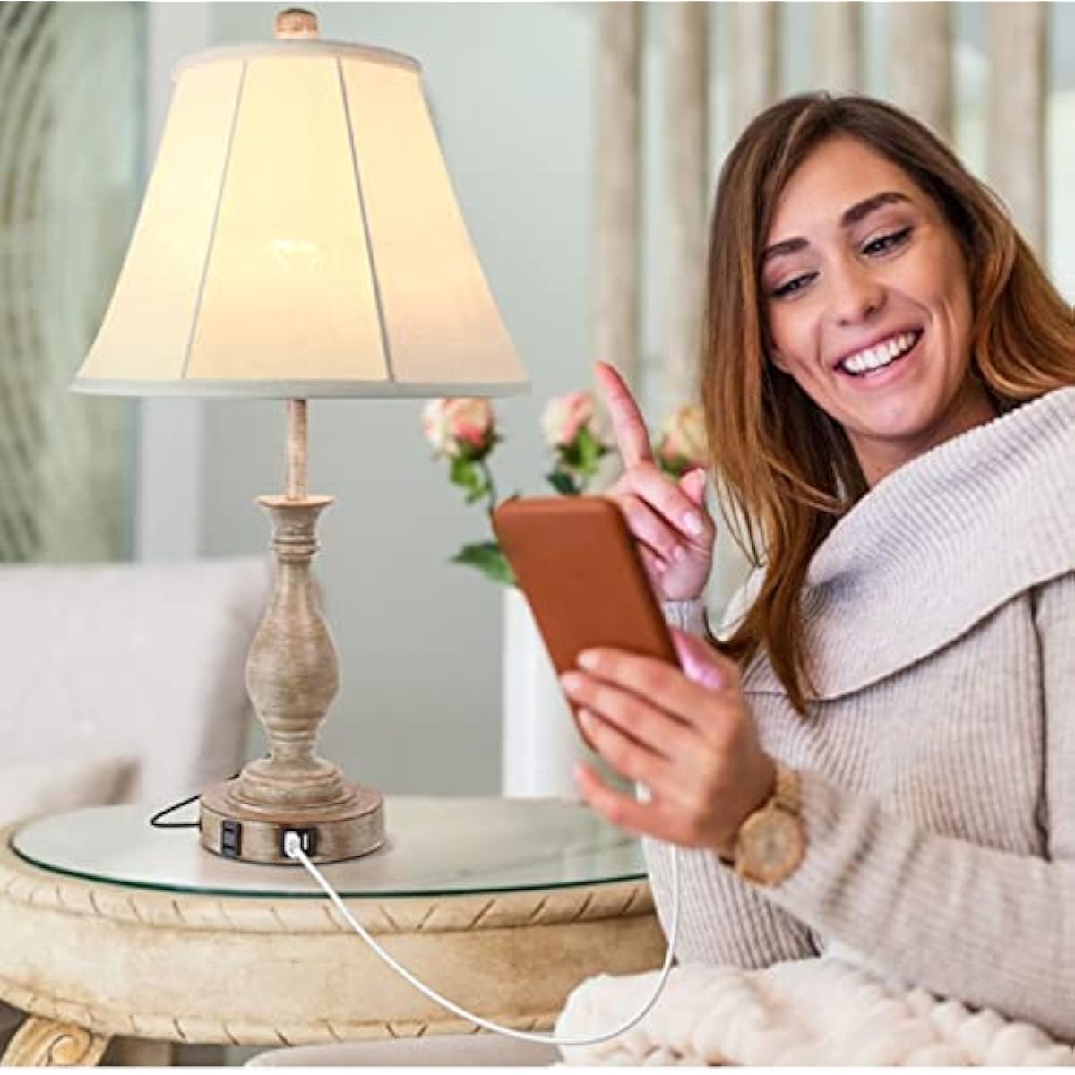 Farmhouse Table Lamp Touch Control 3-Way Dimmable Table Lamp, Modern Nightstand Lamp with 2 USB Port Bedside Desk Lamp with Fabric Shade for Living Room Bedroom Hotel (Pack 1-Beige Shade)