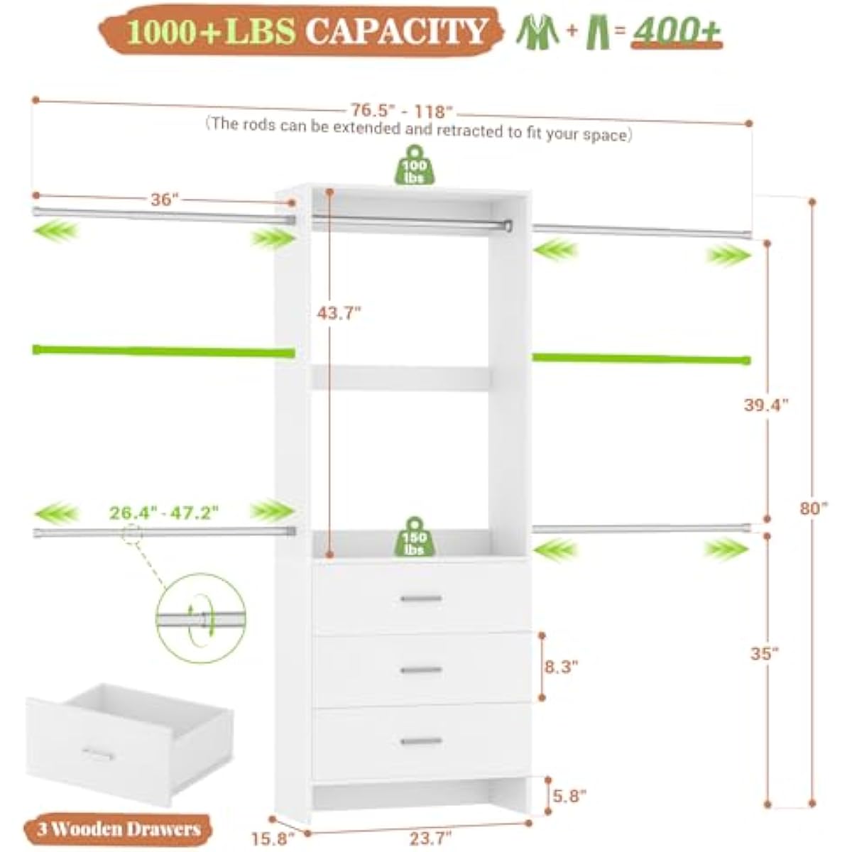 Aheaplus Closet System, Closet Organizer with 3 Wooden Drawers, Closet Organizer System, Walk-in Closet Wardrobe Clothes Rack with 4 Hanging Rods, Garment Rack, -4R, White