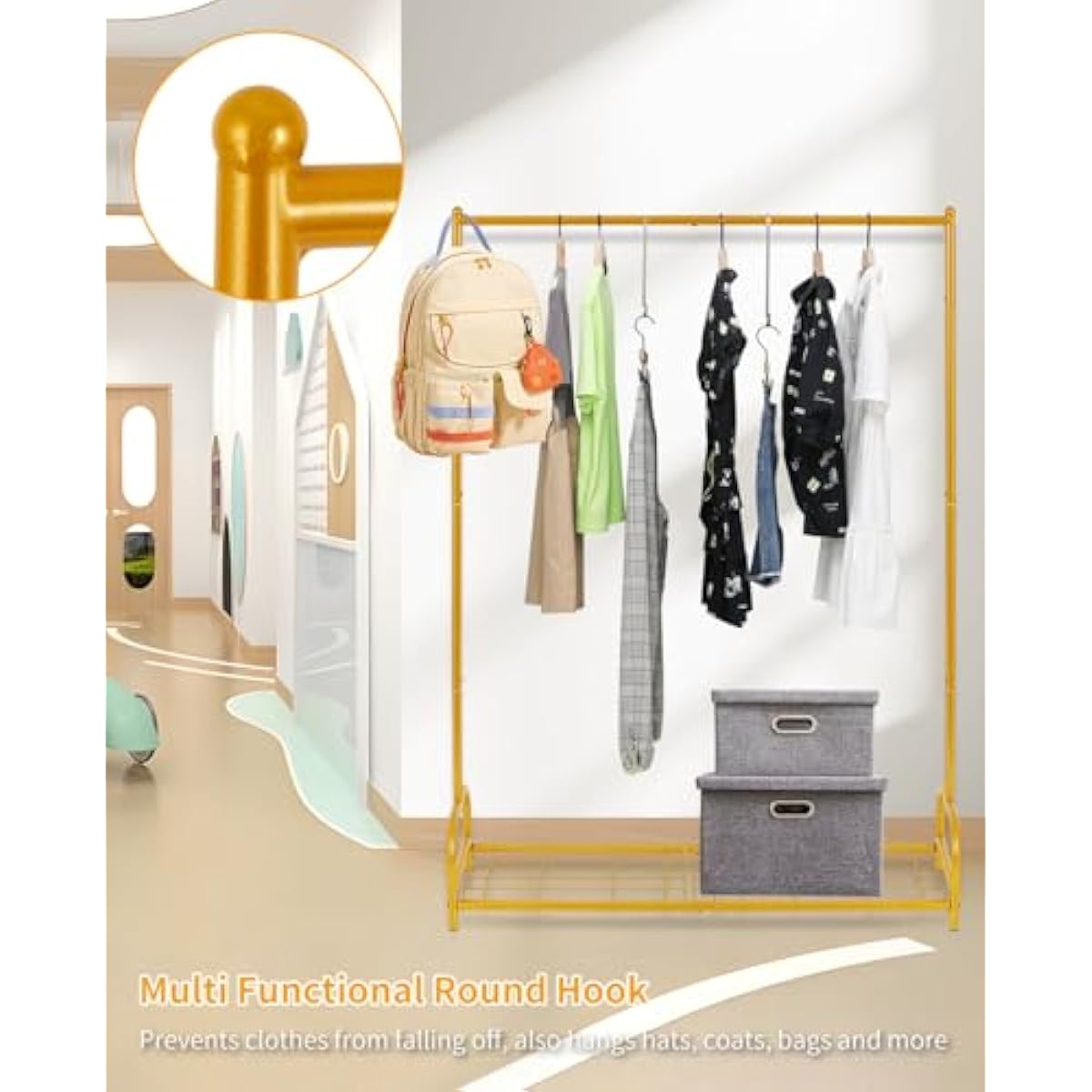 AUPSEN Kids Clothing Rack with Bottom Storage Shelf, Metal Toddler Dress Up Rack for Little Girls, Kids Dress Up Clothes Storage for Coats, Skirts, Dance Costume（Gold）