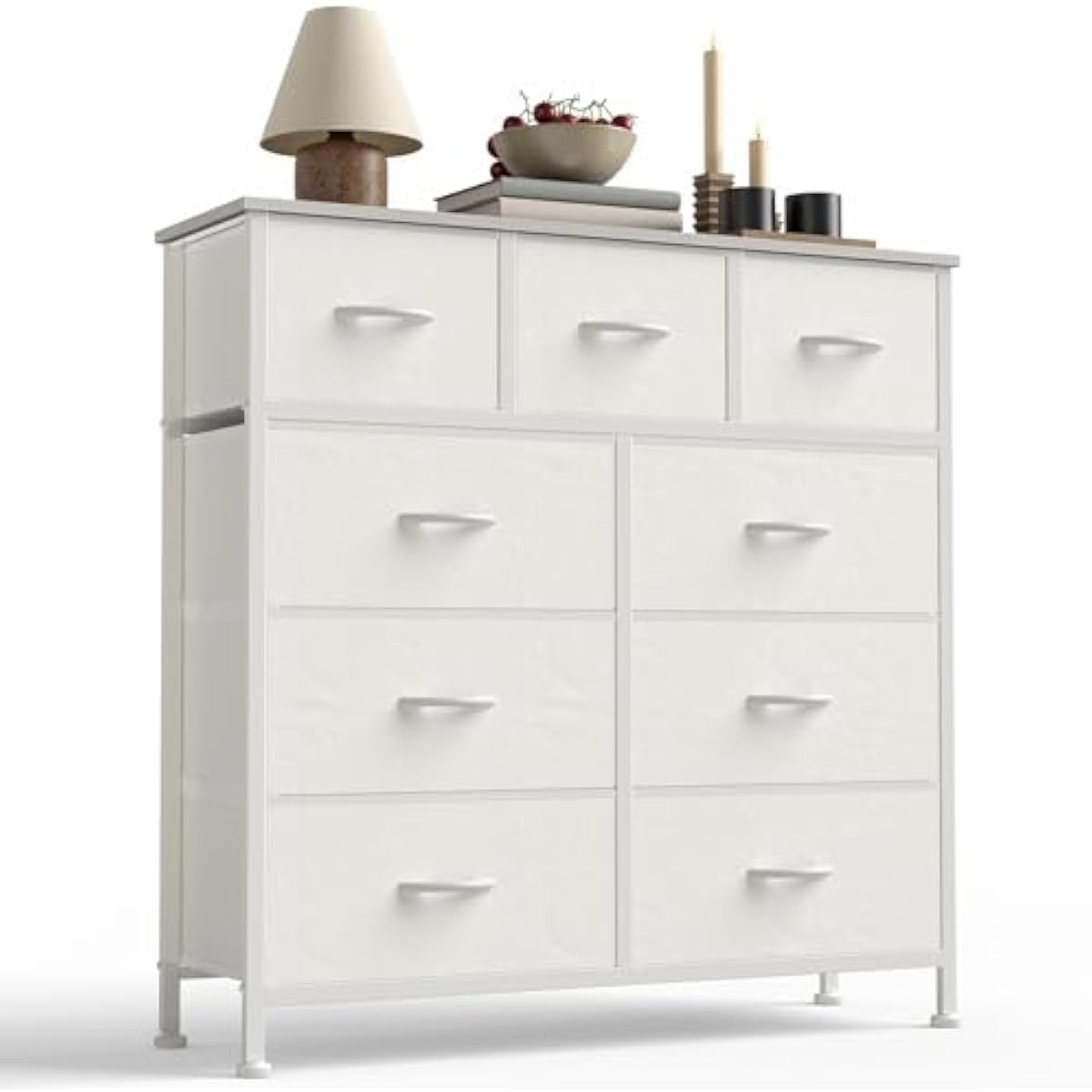 DUMOS Dresser for Bedroom, Storage Organizer with 9 Drawers, Chest of Drawers with Fabric Bins, Sturdy Metal Frame, Wood Tabletop for Guest Room, Closet, Entryway, White