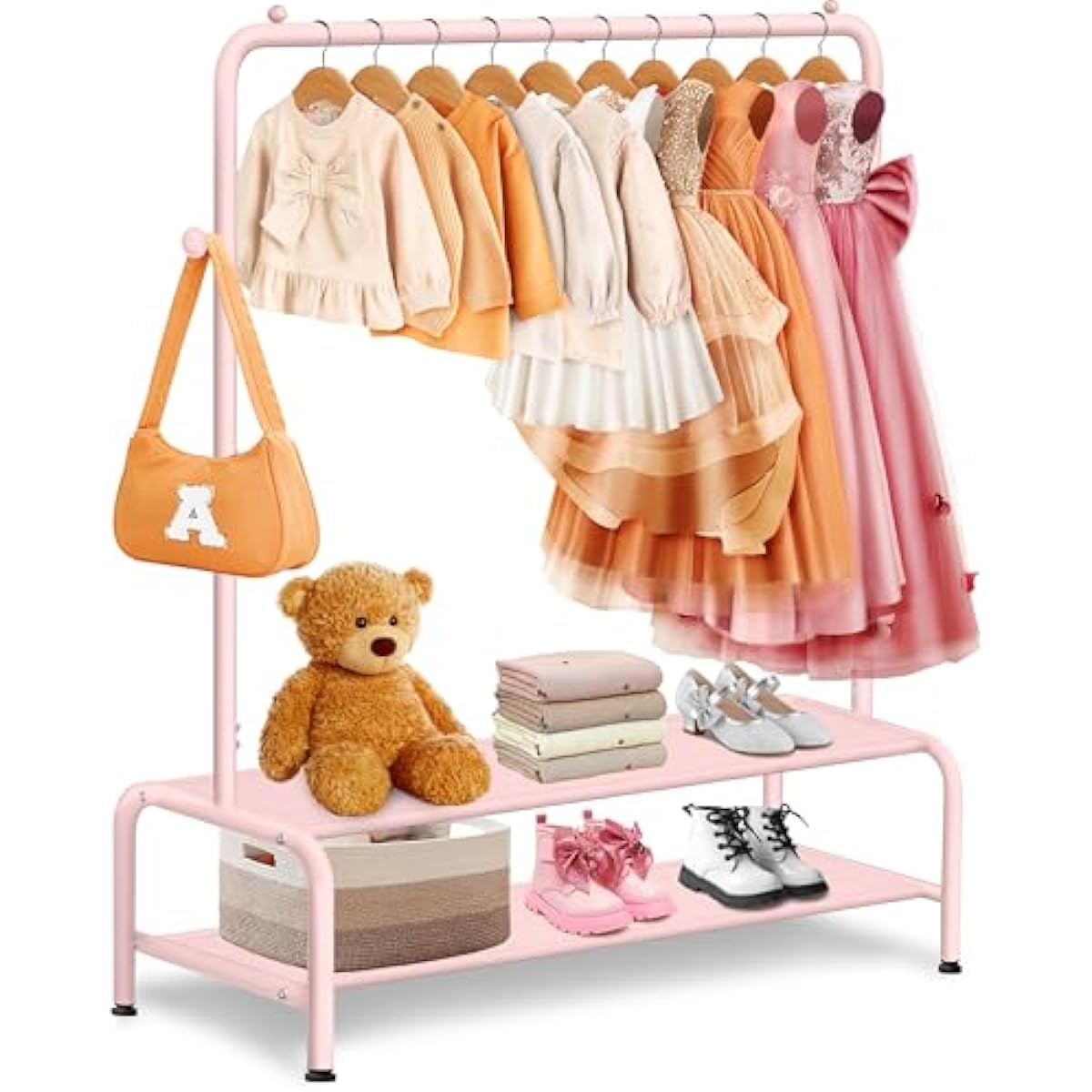 Kids Clothing Rack - Dress Up Storage - Dress Up Rack for Little Girls - Small Kids Costume Wardrobe with 2 Fabric Shelves - Princess Room Bedroom Decor
