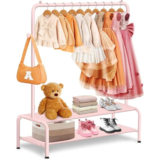 Kids Clothing Rack - Dress Up Storage - Dress Up Rack for Little Girls - Small Kids Costume Wardrobe with 2 Fabric Shelves - Princess Room Bedroom Decor