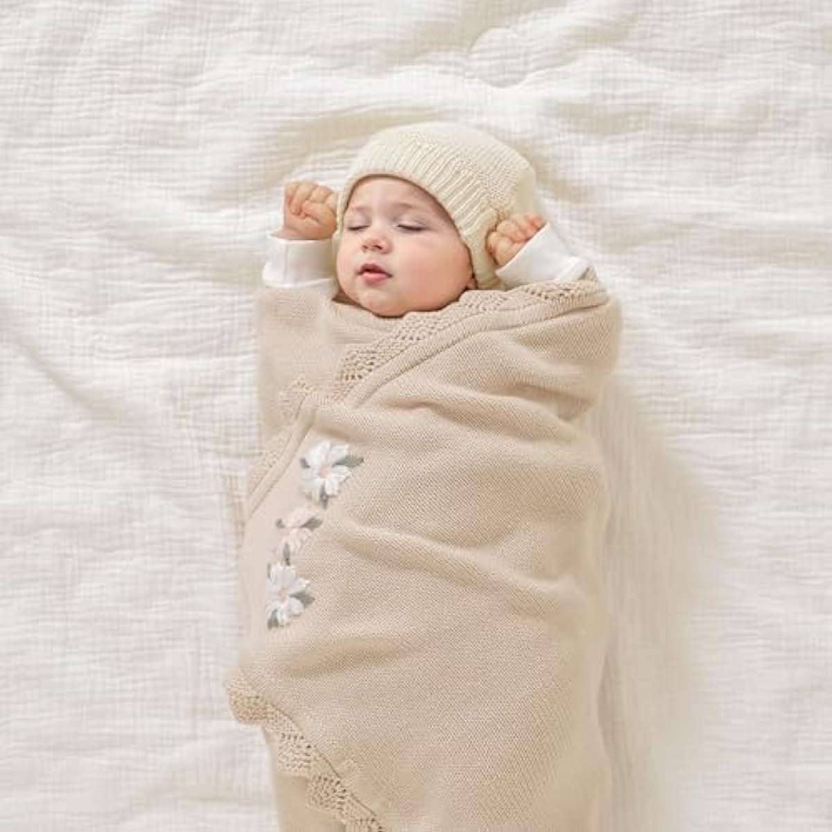 LAWKUL Baby Blanket 100% Traceable Cotton Knit Receiving Blankets Infant Swaddle for Newbron Boy Girls 40"x30" Beige Floral