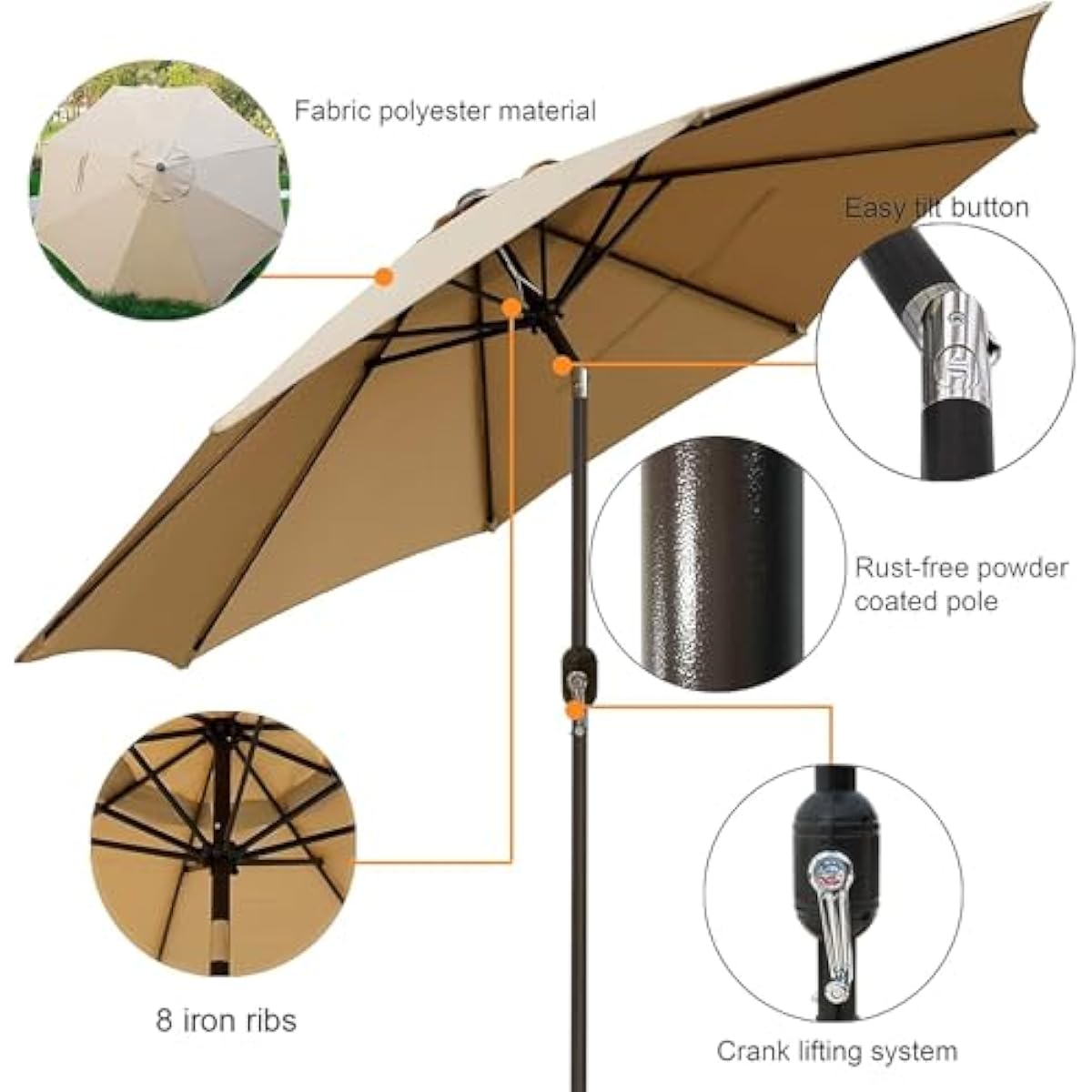Blissun 9' Outdoor Patio Umbrella, Outdoor Table Umbrella, Yard Umbrella, Market Umbrella with 8 Sturdy Ribs, Push Button Tilt and Crank