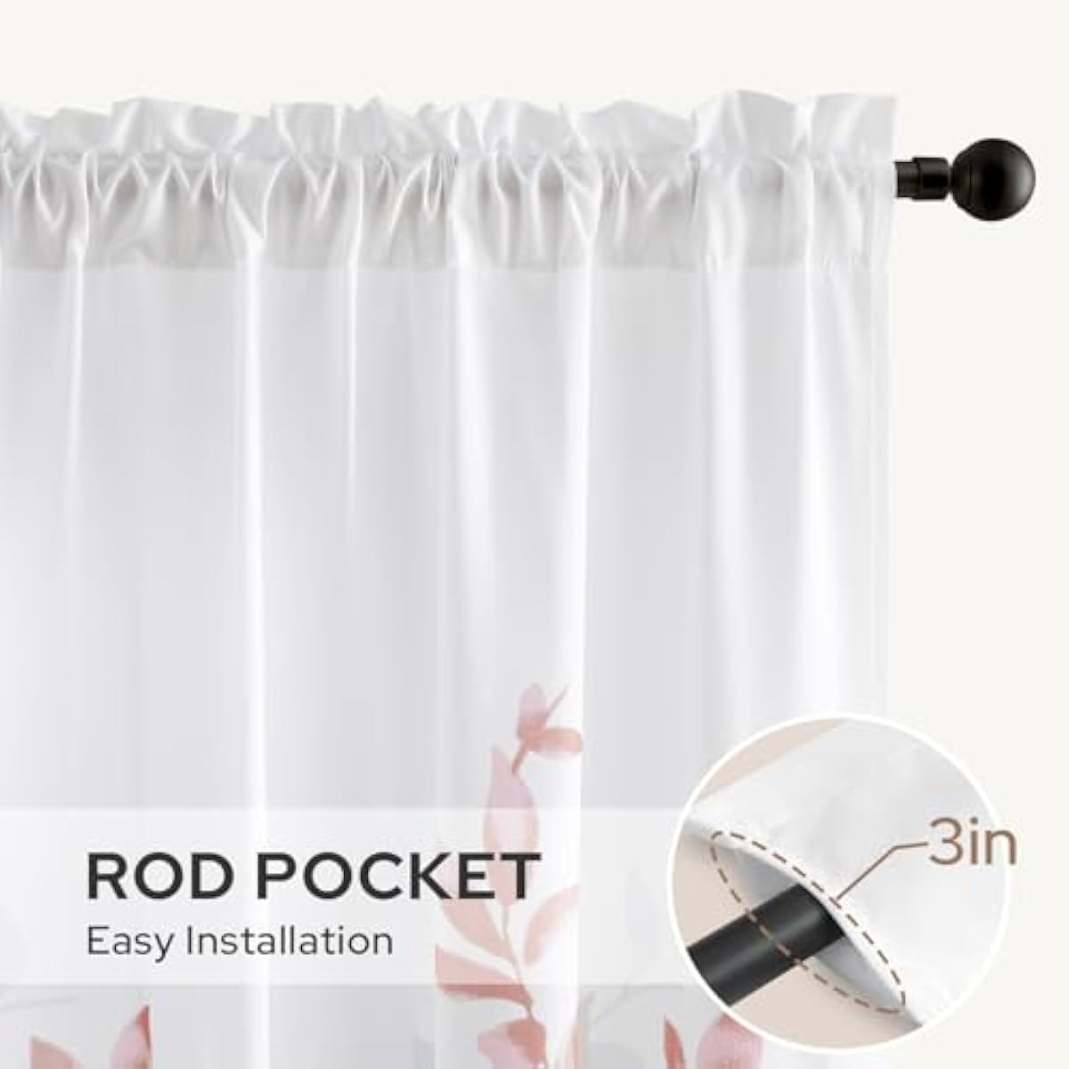 HOMEIDEAS Non-See-Through Pink and White Privacy Sheer Curtains 52 X 63 Inch Length 2 Panels, Leaf Floral Printed Light Filtering Semi Sheer Window Curtains Drapes for Bedroom Living Room