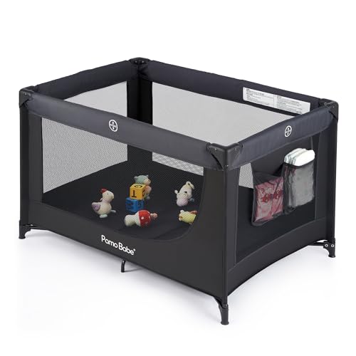 Pamo Babe Compact Pack and Play - Portable Crib for Baby, Lightweight Foldable Travel Playard with Mattress Pad & Carry Bag, Safe Breathable Travel Bed for Home, Trips & Family Visits, Black