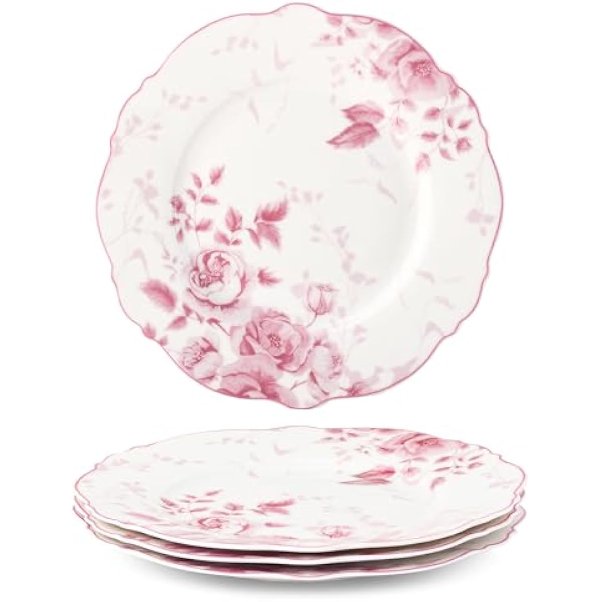 fanquare 8.5 Inch Pink Floral Dessert Plate Sets of 4 British Elegant Porcelain Snack Appetizer Dinner Plates Service Microwave & Dishwasher Safe