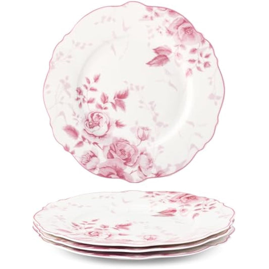 fanquare 8.5 Inch Pink Floral Dessert Plate Sets of 4 British Elegant Porcelain Snack Appetizer Dinner Plates Service Microwave & Dishwasher Safe