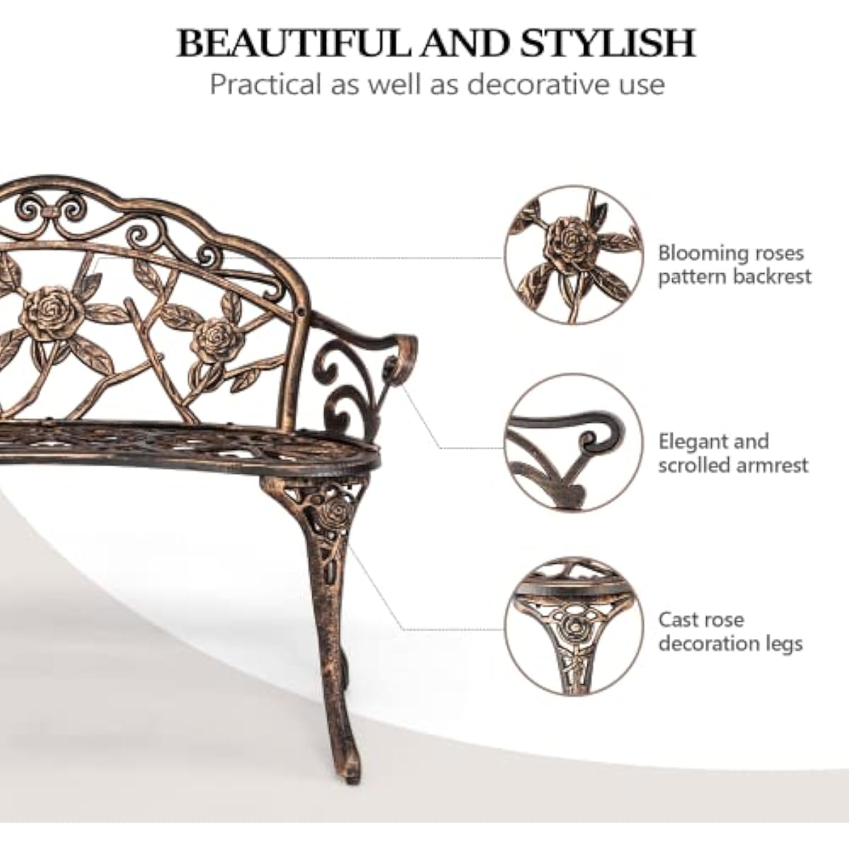 VINGLI 38.5" Patio Park Garden Outdoor Metal Rose Bench, 2-Person Cast Iron Cast Aluminium Frame Antique Finish Chair,Accented Lawn Front Porch Path Yard Decor Deck Furniture (Bronze, Rose)