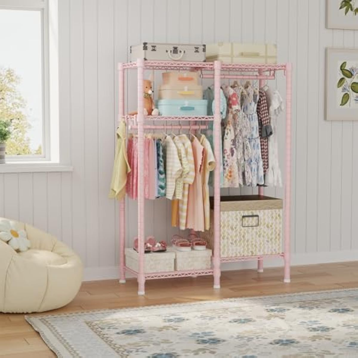 Ulif F1 Clothes Rack for Kids, Baby, Students, and Children's Room, 4 Tiers Portable Metal Closet Clothing Rack, Small Garment Rack with 2 Hanging Rod, 31.2" W x 11.8" D x 48" H, Pink