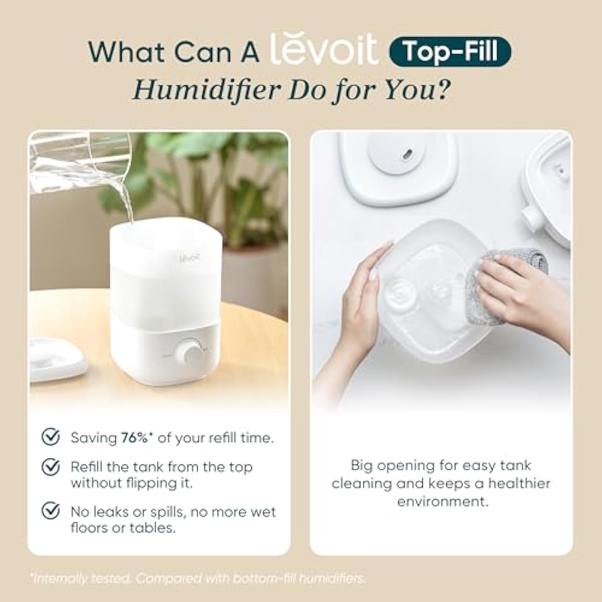 LEVOIT Top Fill Humidifiers for Bedroom, 2.5L Tank for Large Room, Easy to Fill & Clean, 28dB Quiet Cool Mist Air Humidifier for Home Baby Nursery & Plants, Auto Shut-off for Safety, 25H