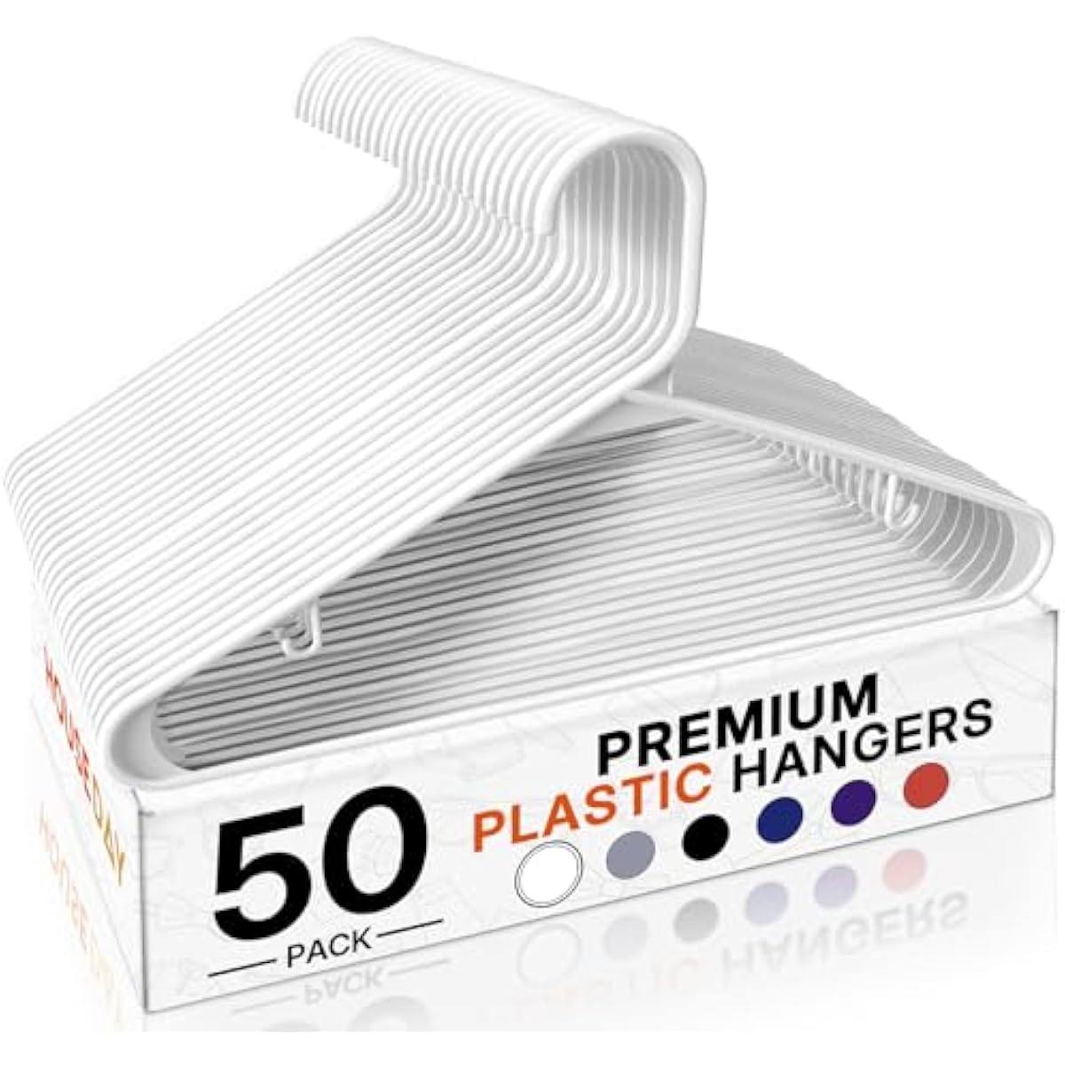 HOUSE DAY White Plastic Hangers 50 Pack, Plastic Clothes Hangers with Built-in Hooks, Durable and Strong Plastic Coat Hangers for Closet, Space Saving Clothing Hanger for Shirts, Coats, Skirt, Dress
