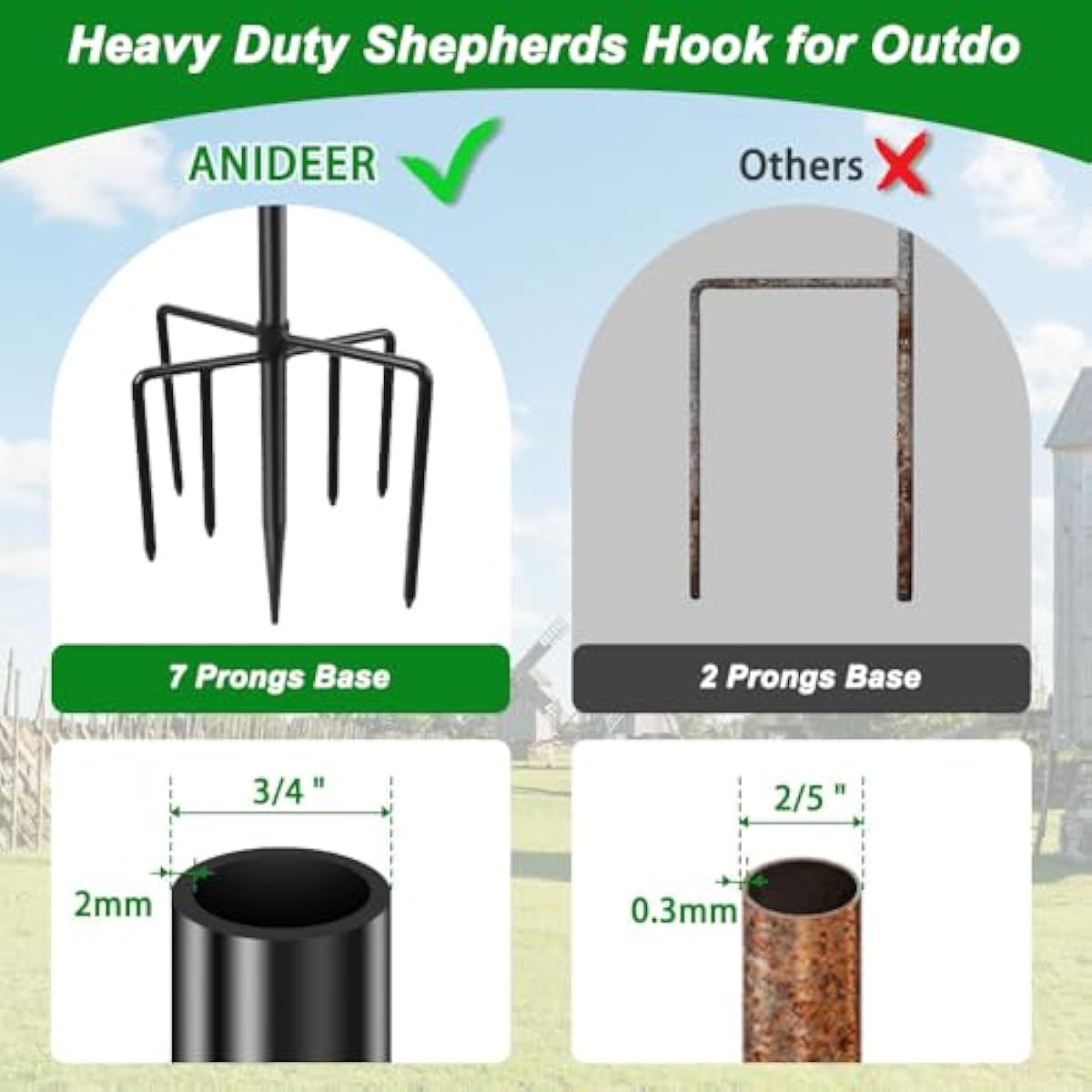 ANIDEER 72" Shepherds Hooks for Outdoor, Heavy Duty Bird Feeder Pole with 7 Base Prongs, Adjustable Garden Hanging Holder for Bird Feeders, Solar Light Lanterns, Garden Plant Hanger Stands, 2 Packs