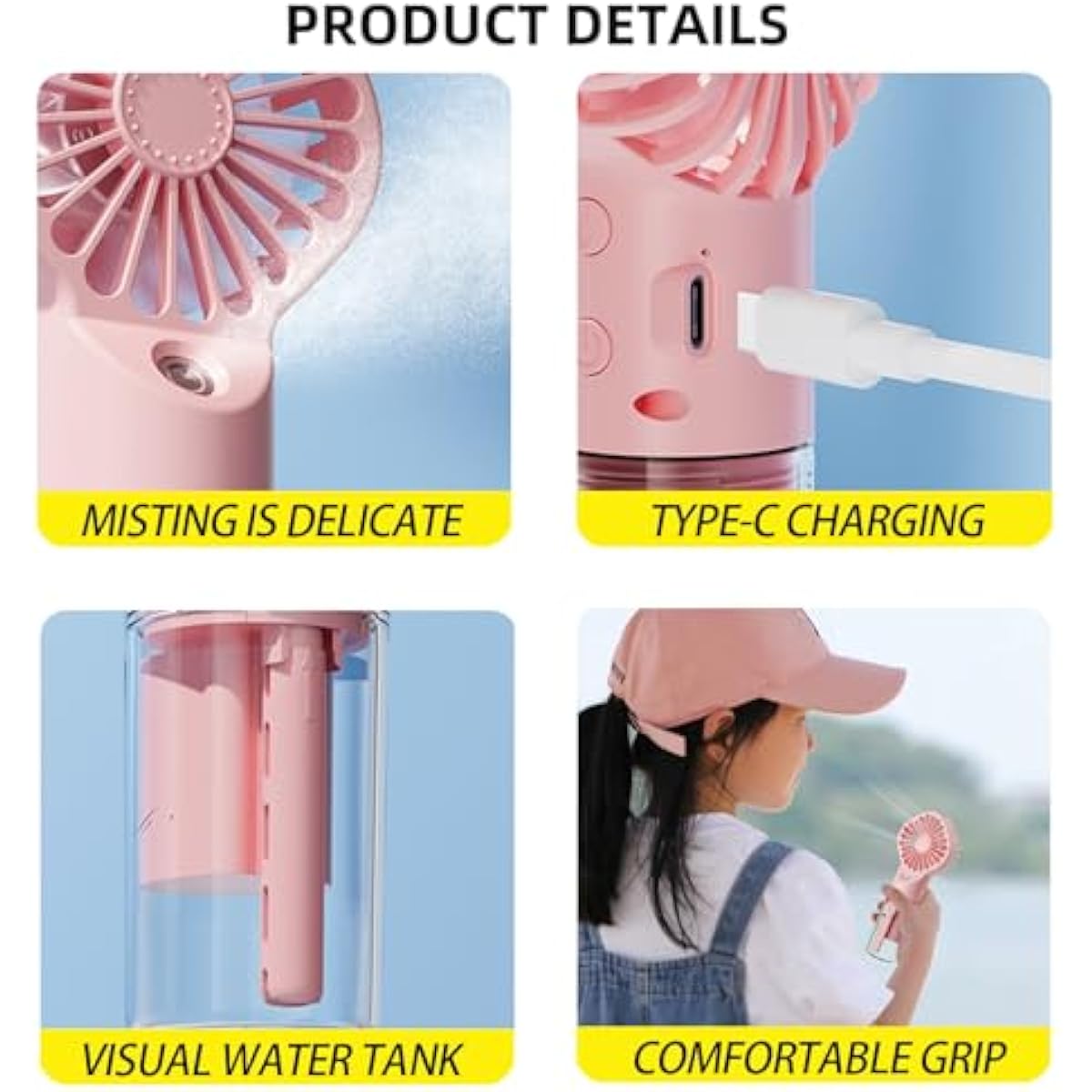 3 Pack Misting Fan Portable - Handheld Mini Rechargeable with 4 Speeds & Water Mist - Ideal for Travel, Camping, Outdoor, Home, Office, Makeup,Commute