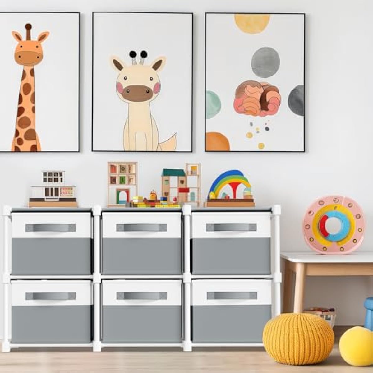 Thyle Large Cube Storage Organizer Shelf with 6 Bins 14 Inch Fabric Collapsible Cubby Storage Drawers Shelving Unit for Christmas Ornaments Clothes Toys Craft(Gray-white,Minimalist)