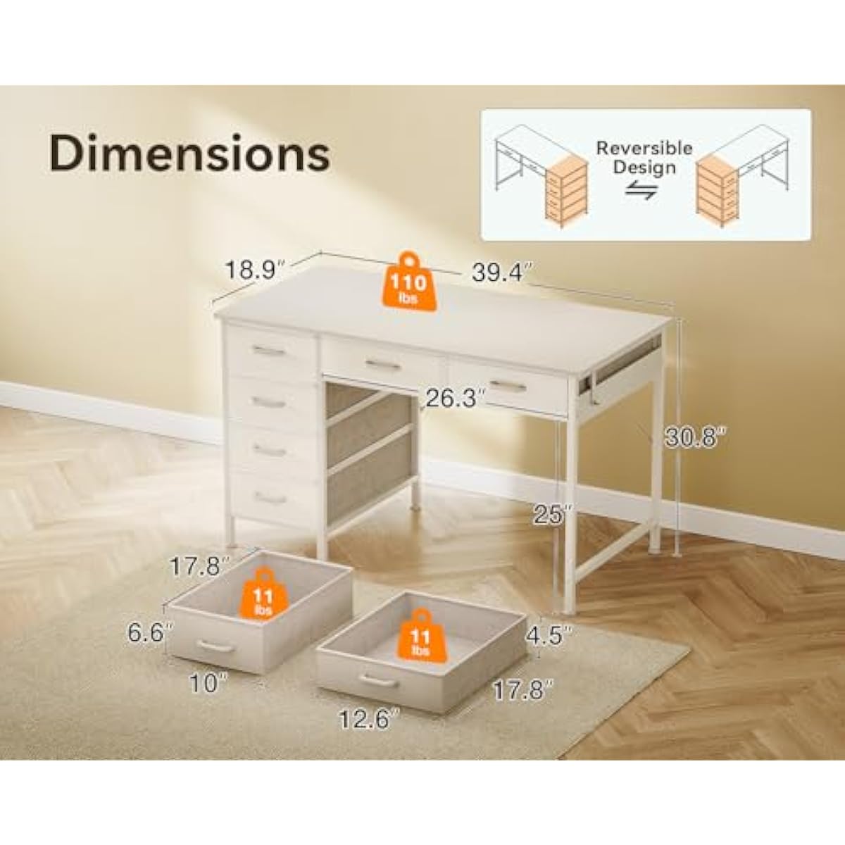 ODK Computer Desk with 6 Drawers, 40 Inch Small Desk with Storage, Reversible Desk with Headphone Hook for Home Office, Work Study Table for Bedroom, White