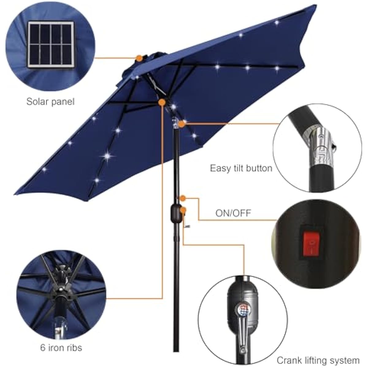 Blissun 7.5 ft Solar Umbrella, 18 LED Lighted Patio Umbrella, Table Market Umbrella